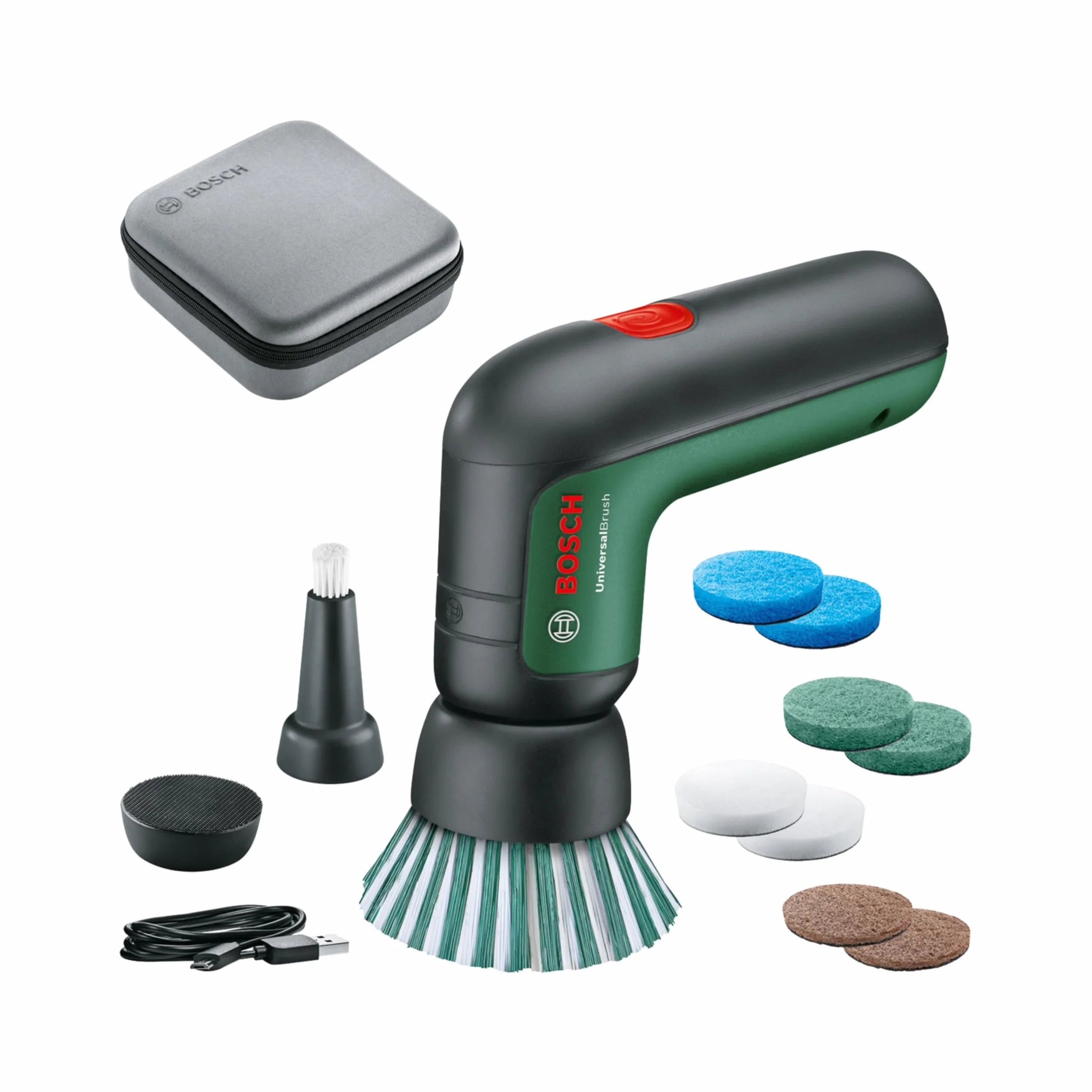 Bosch Juego de Cepillo de Limpieza eléctrico UniversalBrush (Azulejos de baño, hornillos de Cocina, ollas y sartenes; 10 Accesorios de Limpieza incluidos; batería de 3,6 V integrada; Cable Micro USB)