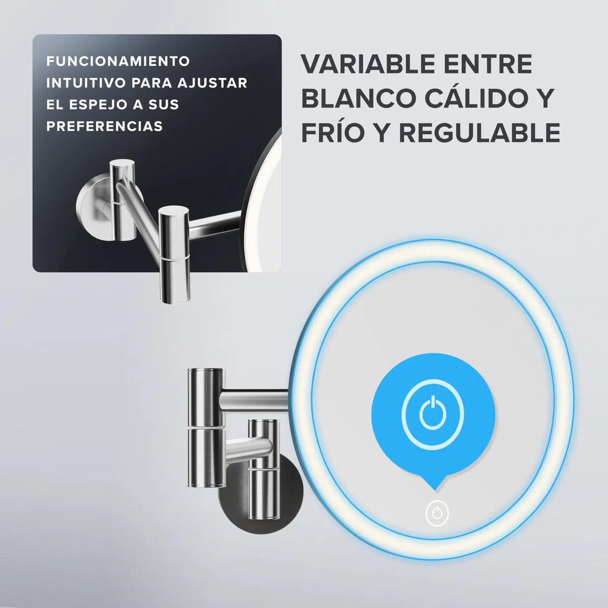 ovimar Vorupor - Espejo de maquillaje (360 grados, con iluminación, recargable, montaje en pared para taladrar, para baño, 5 aumentos, con luz)
