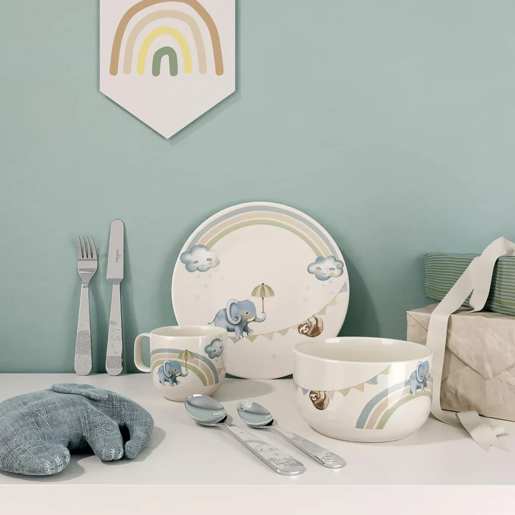 Villeroy & Boch - Walk like an Elephant Set de Vajilla Infantil 7 Piezas Azul, Apto para Lavavajillas, Apto para Microondas, Cubiertos Infantiles, Cubiertos para Niños, Plato, Porcelana Premium