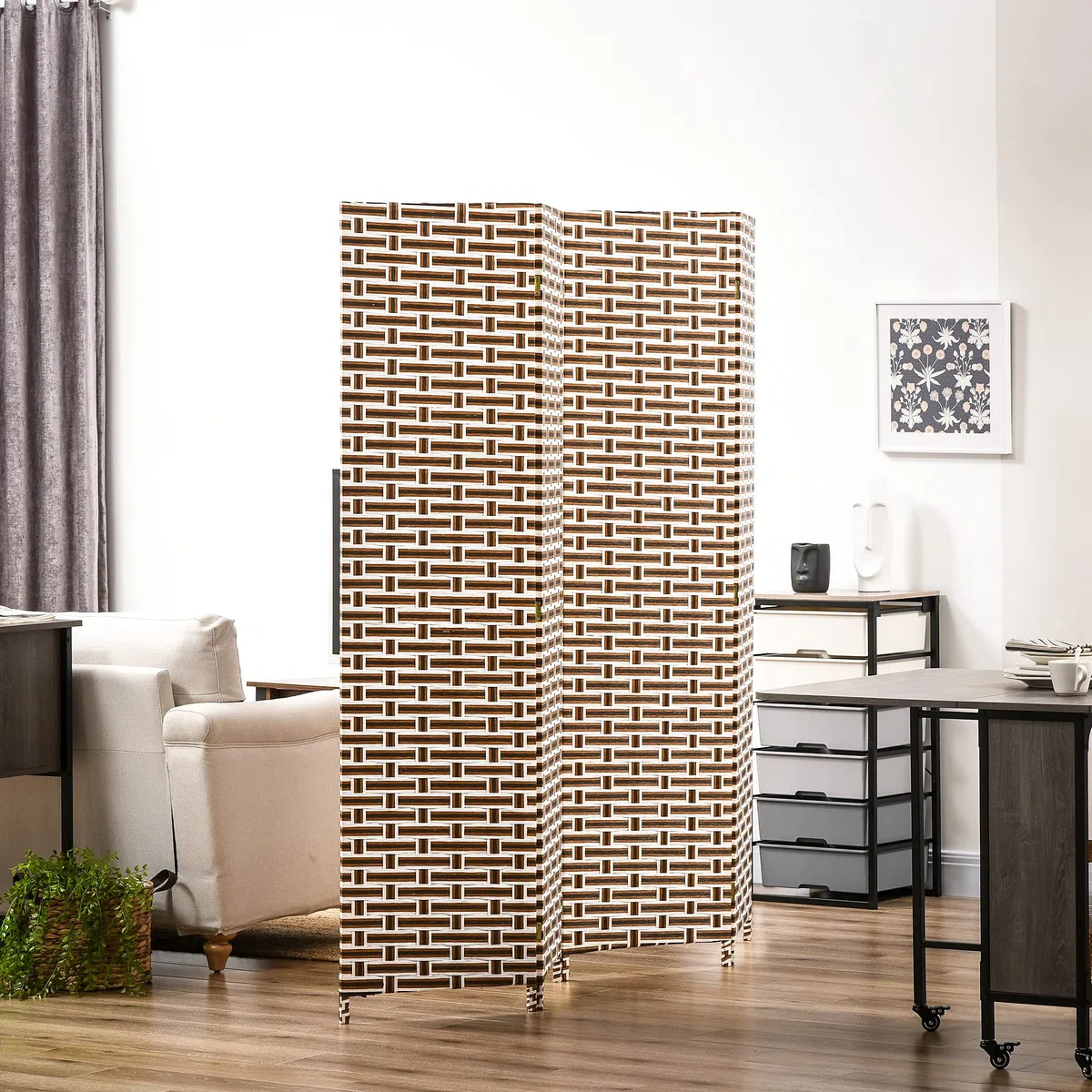 HOMCOM Divisor de Habitación de 4 Paneles Biombo Plegable 180x180 cm Separador de Ambientes Decoración Elegante para Dormitorio Salón Cocina Marrón Blanco
