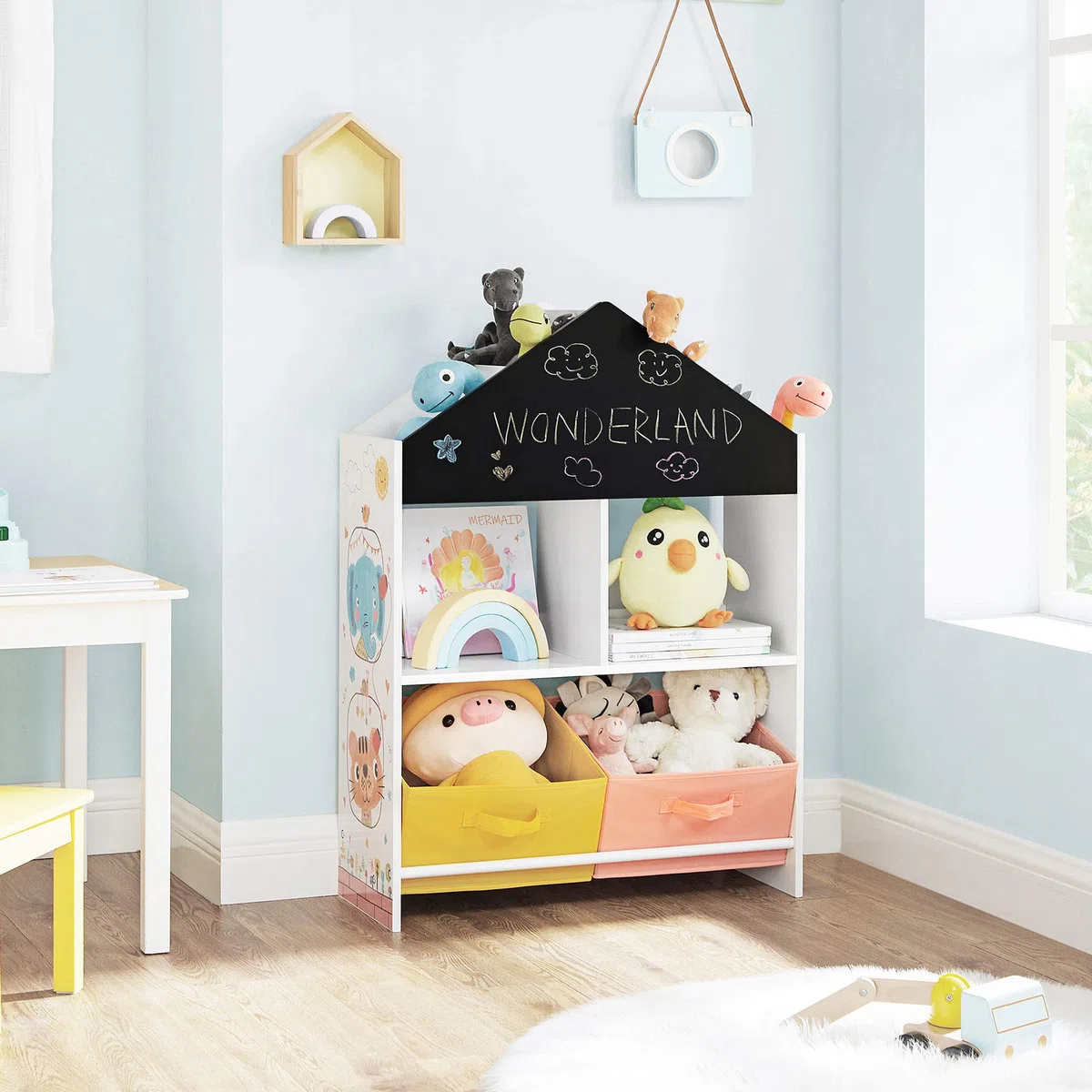 SONGMICS Estantería Infantil de Juguetes y Libros, Estantería para Niños, con Cajas, Estantes, para Habitación de los Niños, Sala de Juegos, Blanco, Negro, Naranja y Amarillo GKR320W01