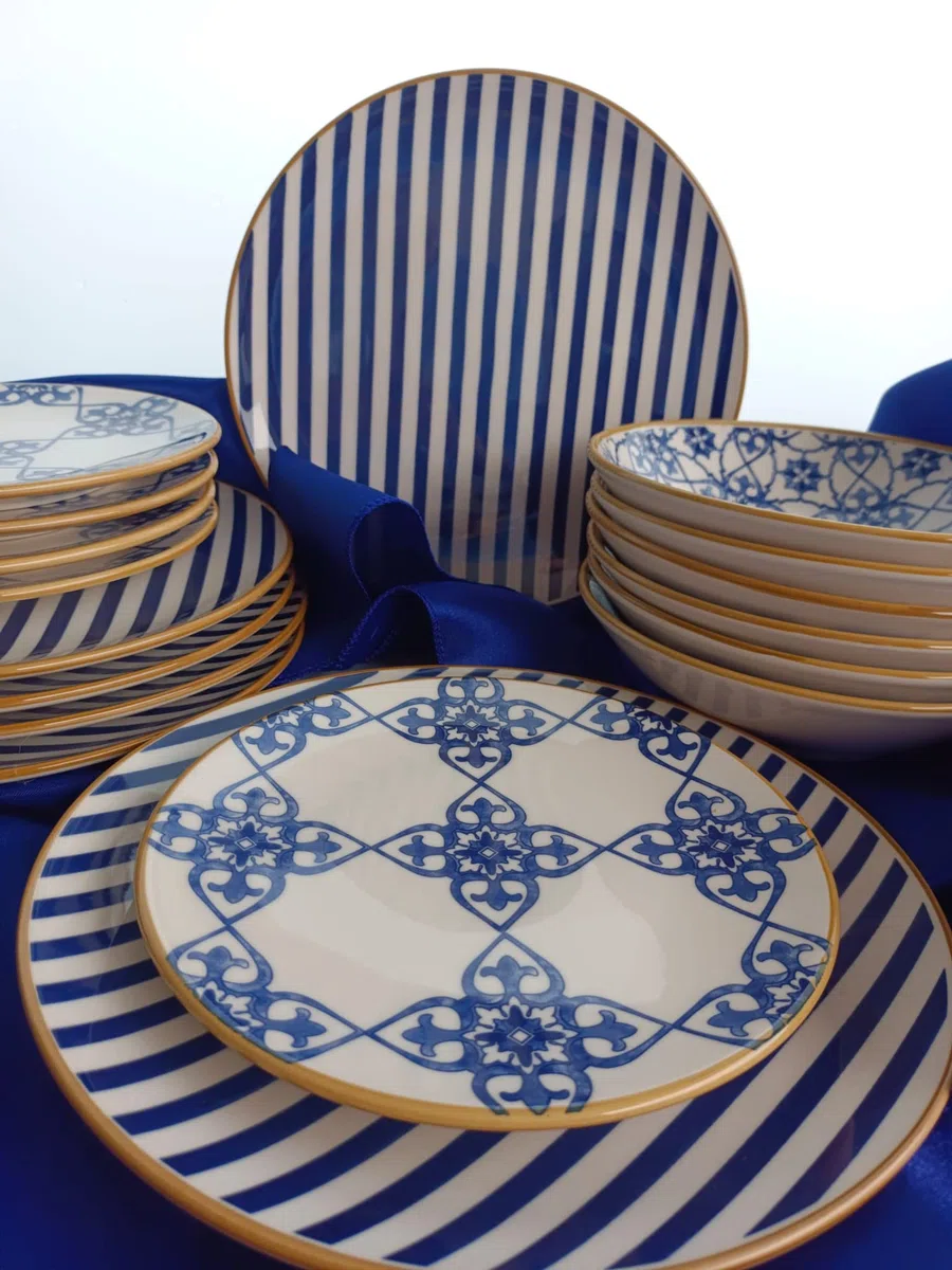 Vajilla Completa Loza H&H Lifestyle - 18 Piezas Decorada Azul y Dorado. Vajillas Completas Modernas