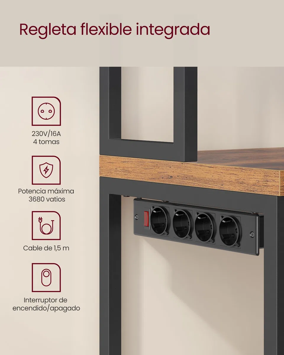 VASAGLE Estantería de Cocina con Enchufes, Altura de 90 cm, Estantería para Microondas con 8 Ganchos, 40 x 60 x 170 cm, Marrón Rústico y Negro Tinta KKS058K02