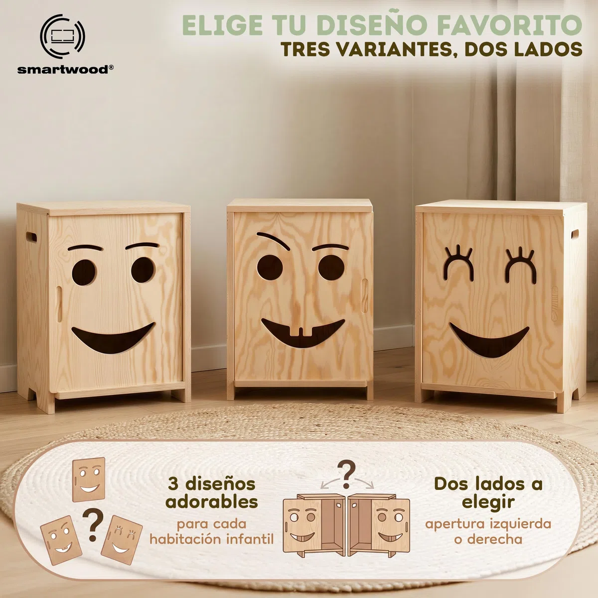 smartwood Mesita de Noche Infantil - Mesilla Montessori de Madera Contrachapada de Pino Certificada FSC - Diseño Apto para Niños, Estructura Estable y Montaje Fácil - KAPI 3P
