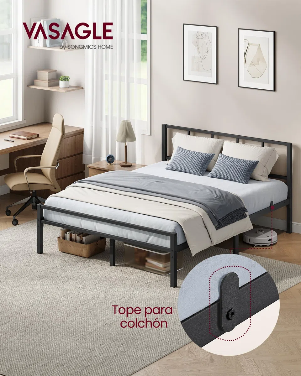 VASAGLE Cama de Matrimonio, 135 x 190 cm, Cabecero, Marco de Metal, Carga de 500 kg, Montaje Fácil, para Dormitorio, Negro Tinta RMB296B101