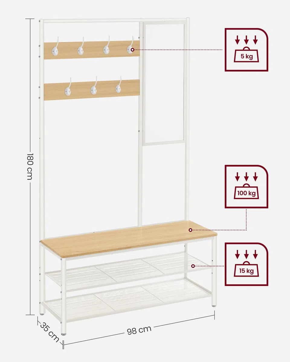 VASAGLE Perchero Zapatero, Perchero Recibidor con Ganchos, Espejo, Banco Zapatero y Estantes, 35 x 98 x 180 cm, Pasillo Dormitorio Salón, Moderno, Roble y Blanco Nube HSR415W09