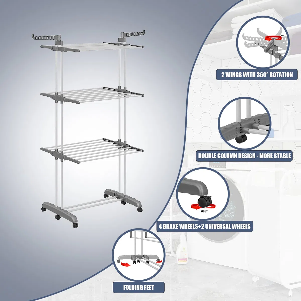 johgee Tendedero con Ruedas, Base Plegable, Ahorro de Espacio, Tendederos Plegables, Tendedero Vertical con 6 alas Plegables y 2 alas Laterales, para Uso Interior y Exterior, Gris