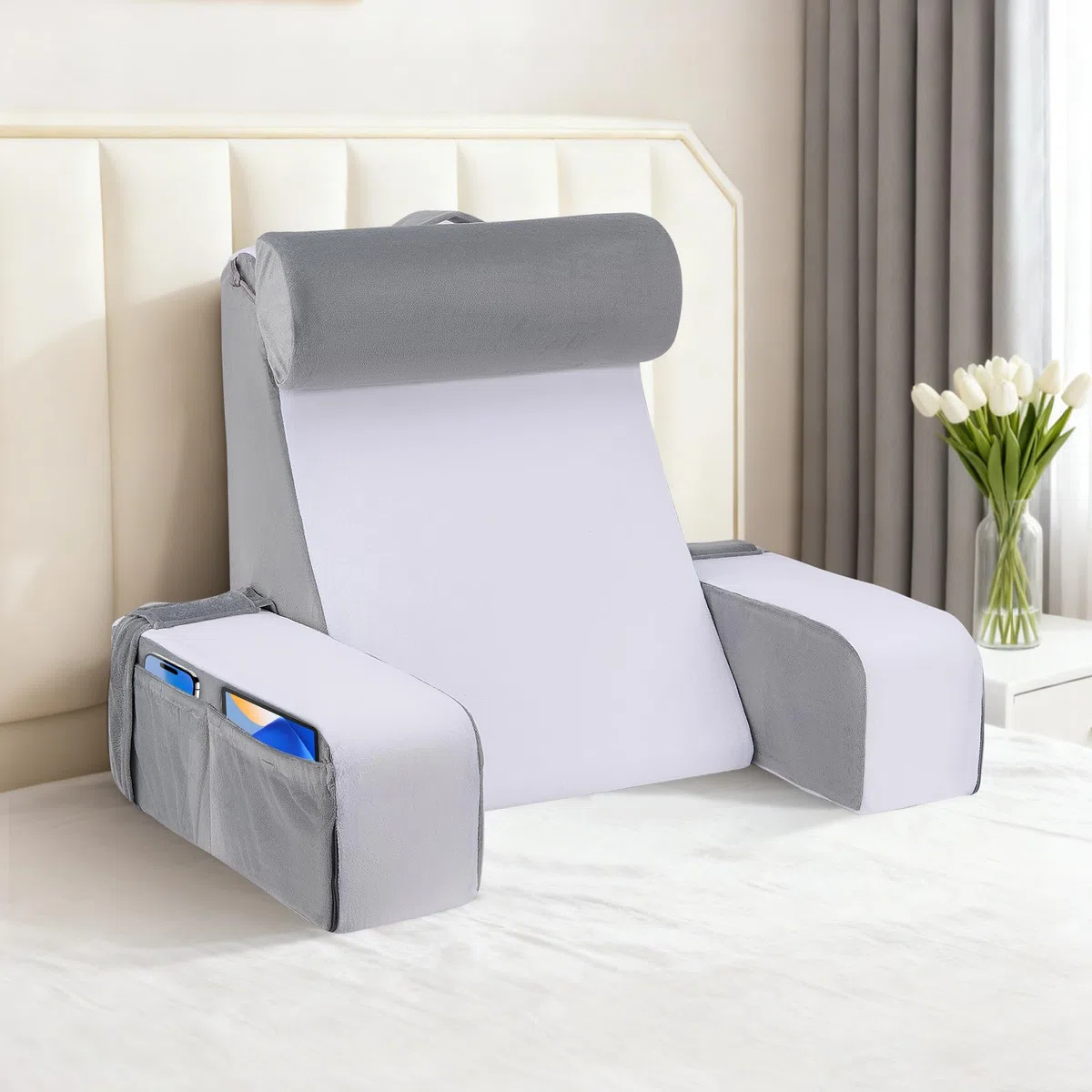 Cojín ergonómico de lectura con reposacabezas y reposabrazos desmontables, soporte lumbar para cama, sofá, suelo, ajustable para leer, trabajar y relajarse
