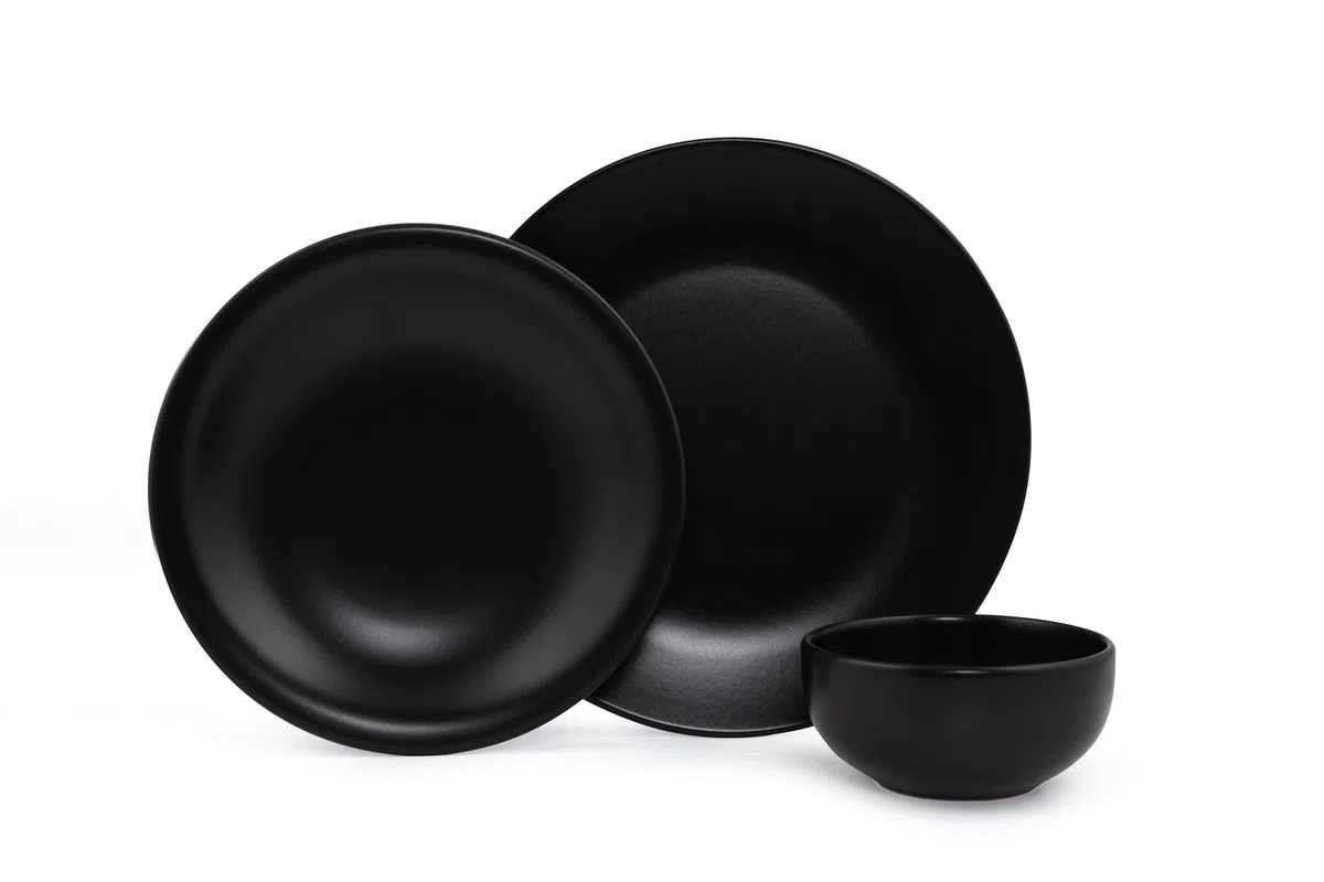 Juego de Vajilla Elegante de Cerámica Negra Mate (12 Piezas) | 100% Gres, Antibacteriano, Fácil de Limpiar, Resistente al Choque Térmico | Apto para Lavavajillas y Microondas