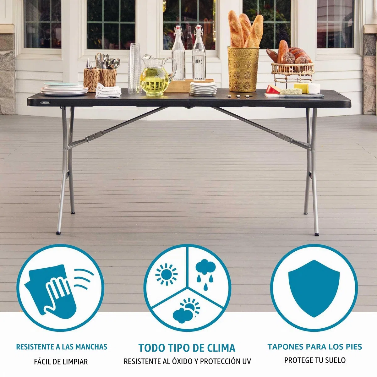 LIFETIME Mesa Rectangular Plegable 183x76x73 cm, Tablero de Polietileno HDPE Negro, Estructura de Acero, Bloqueo de Seguridad, Resistente a la Intemperie y Golpes, Uso Interior y Exterior (92126)