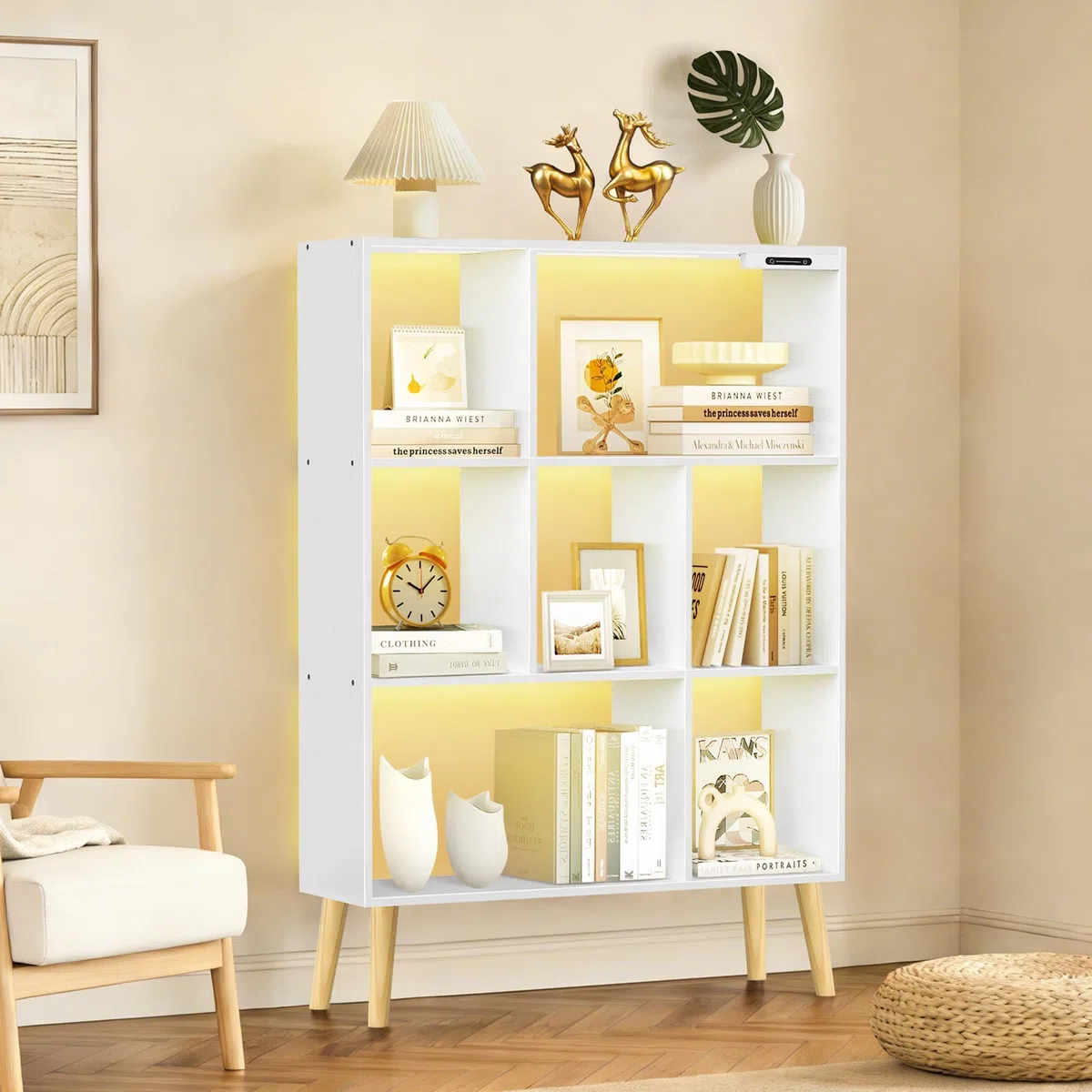 Estantería de 7 Cubos con Luces LED, Control Táctil y Remoto, Librería Moderna Independiente Regulable, Organizador de Madera para Salón, Dormitorio u Oficina