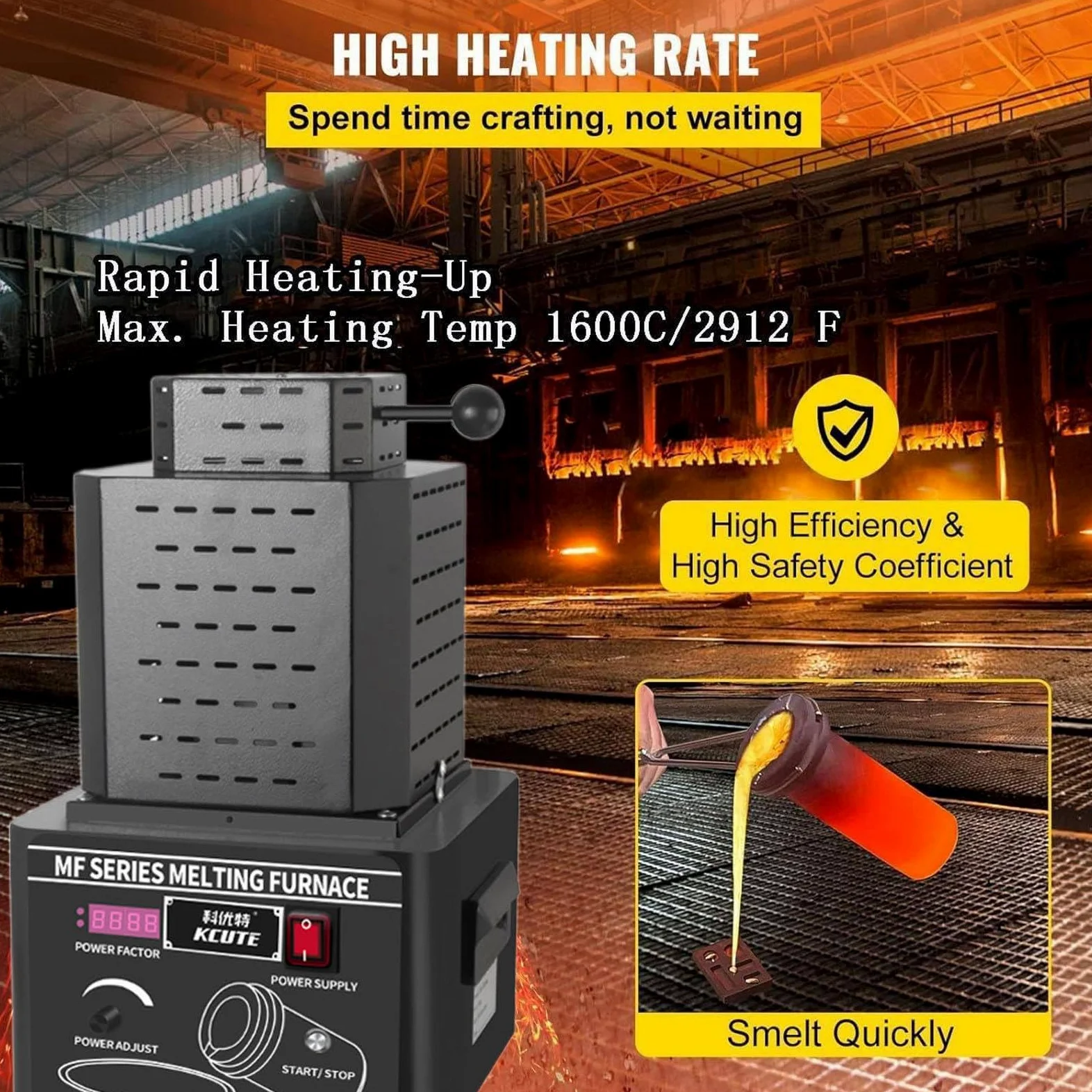 Horno de fusión de Oro de 5000 W, Horno de fusión Digital de 1600 ℃/2912 ℉ con crisol de Grafito de 1/2/3 kg, para refinación de Metales, fundición de chatarra, Plata, Oro,BLACK-1KG