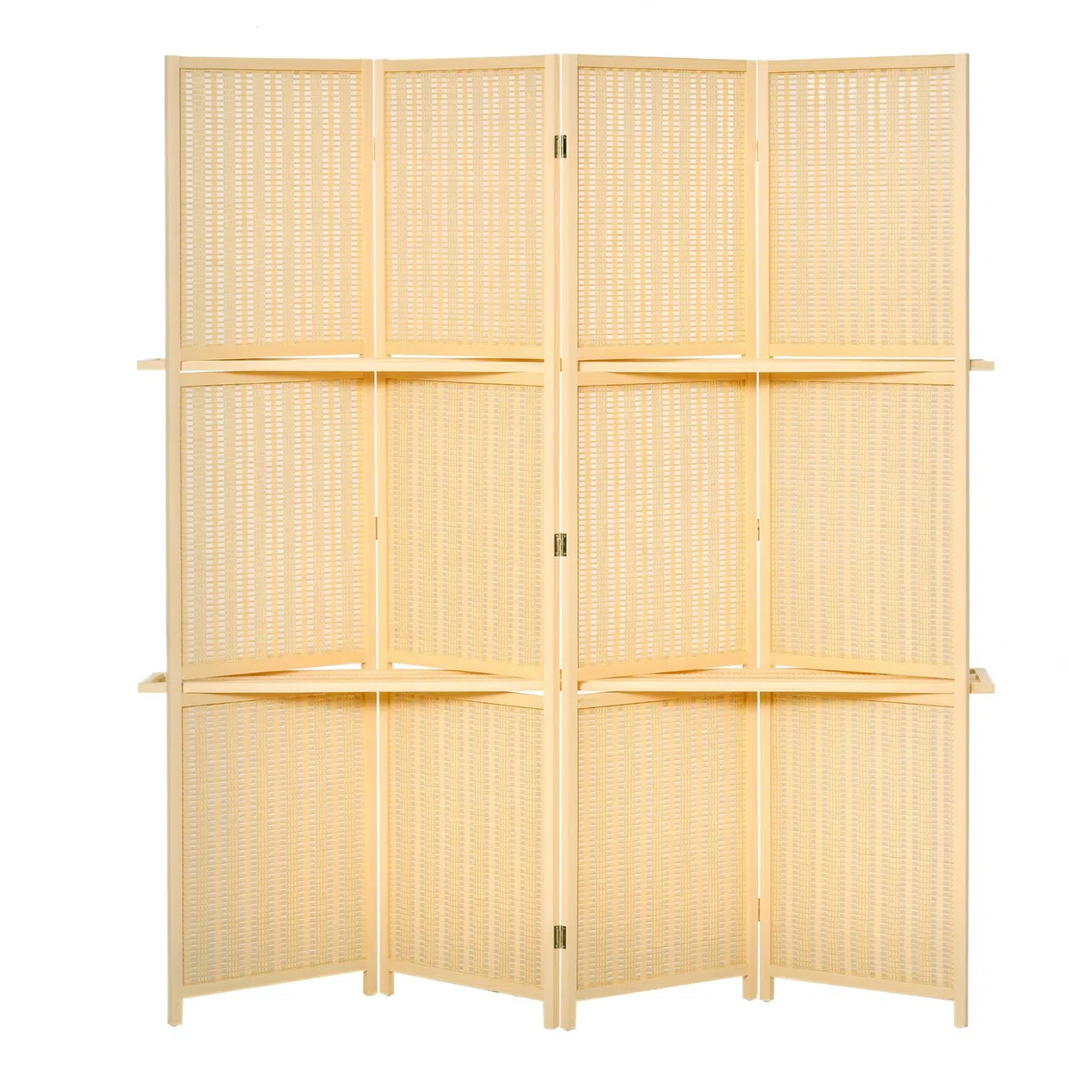 HOMCOM Biombo de 4 Piezas de Bambú Biombo Separador de Ambientes Plegable con 2 Estantes Extraíbles Divisor de Habitaciones Dormitorio 180x180 cm Natural