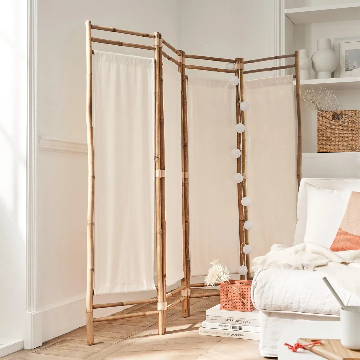 Box & Beyond biombo de Interior - 160 x 160 cm - Separador de ambientes en Lona y bambú Natural - 4 Paneles - biombo para Dormitorio, salón - Mampara móvil