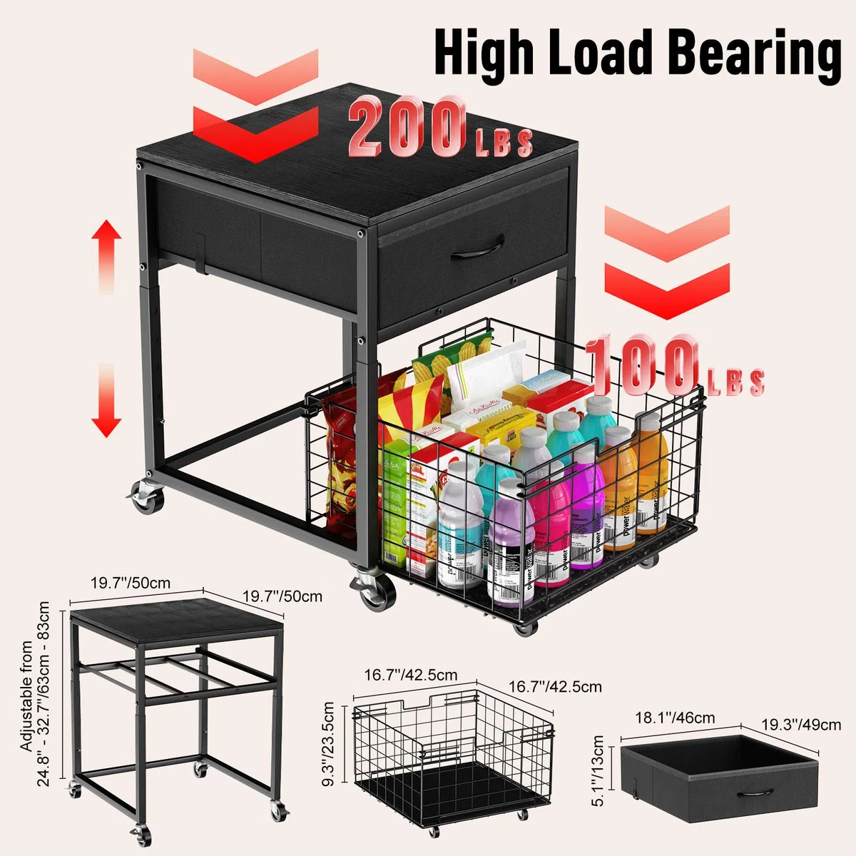 Housolution Soporte para Mini Nevera con Almacenamiento, Estante para Mini Nevera Regulable en Altura con Ruedas, Organizador Portátil para Nevera con Cajón para Hogar, Oficina, Negro