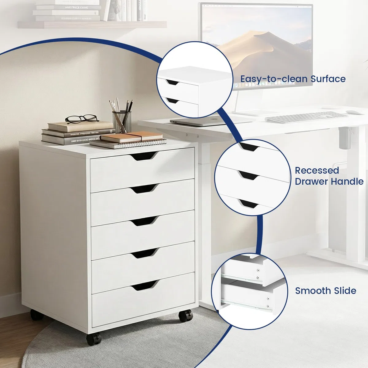 Cajonera Oficina, Cajonera Escritorio con 5 Cajones, Multiusos Armario Archivador Móvil con 4 Ruedas para Bajo Escritorio Casa, Soporte para Impresora, 65cm Alto, Blanco