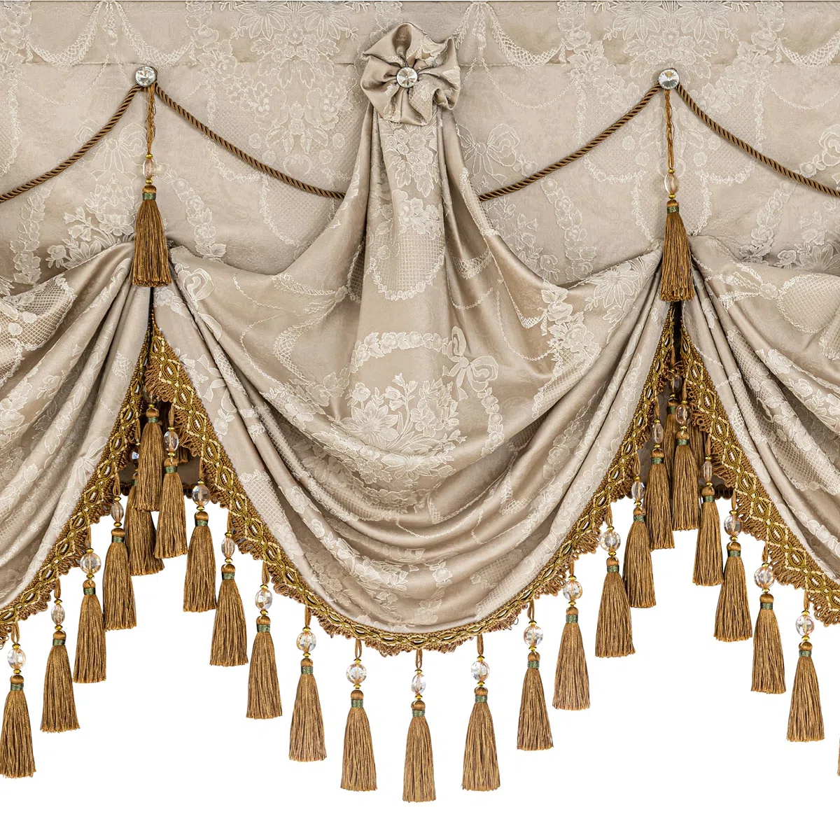 Cenefa para Ventanas, Cenefa de Cascada Damasco con Borlas, Cortina Corta para Dormitorio, Salón, Cocina 1 Pieza (Ancho 100cm, Arena)