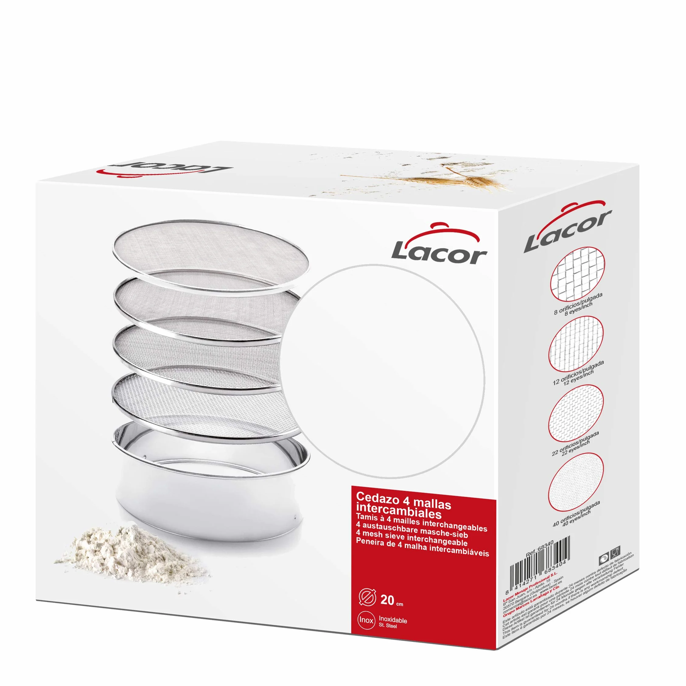 Lacor - 68342 - Tamiz intercambiable, Cedazo de Cocina, 4 mallas intercambiables, Tamizar harina, azúcar, cacao, Acero Inoxidable, Diámetro 25cm