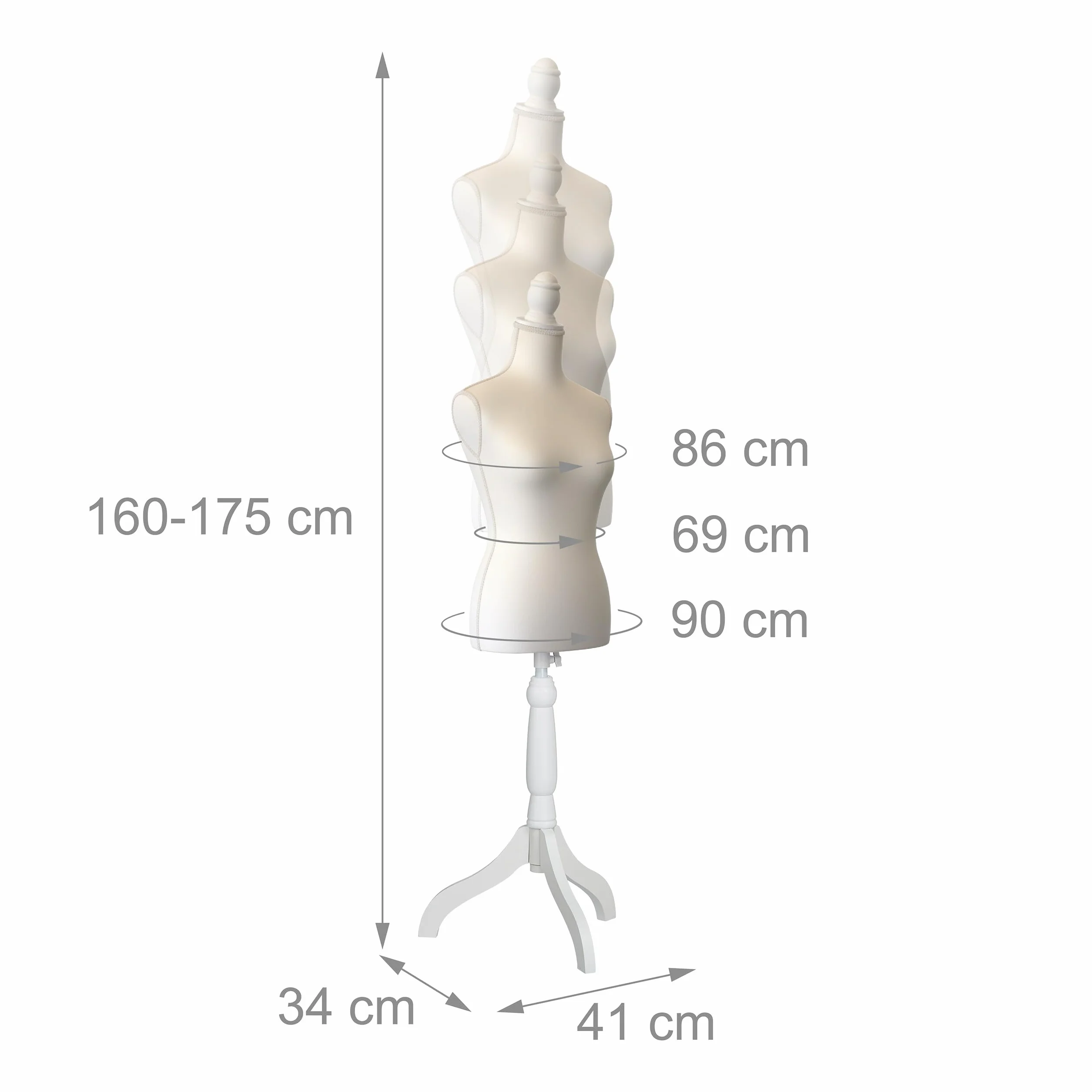 Maniquí Relaxdays, Mujer, Talla 36/38, Altura Regulable de 160 a 175 cm, con Soporte de Madera, Blanco