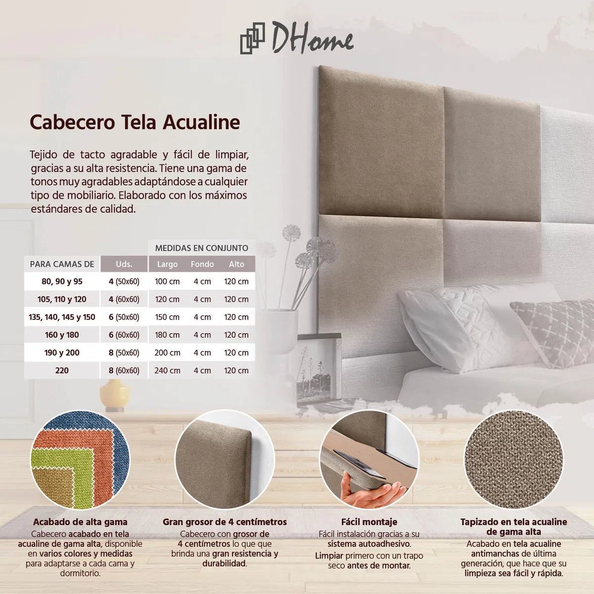 DHOME Cabecero Tapizado Compuesto de Paneles Autoadhesivos Intercambiables de Tela Aqualine Cama Lujo Dormitorio Acolchado (Tierra, 180cm)