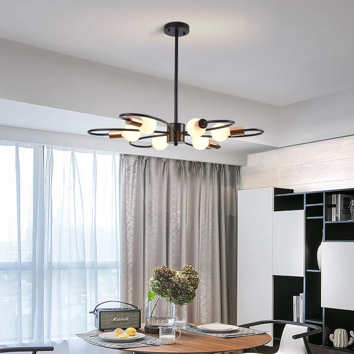 Qcyuui Lámpara de araña Sputnik de 6 luces, lámpara de techo moderna, lámpara colgante de metal de 60 vatios, candelabro de altura ajustable para cocina, comedor, sala de estar, dormitorio, negro