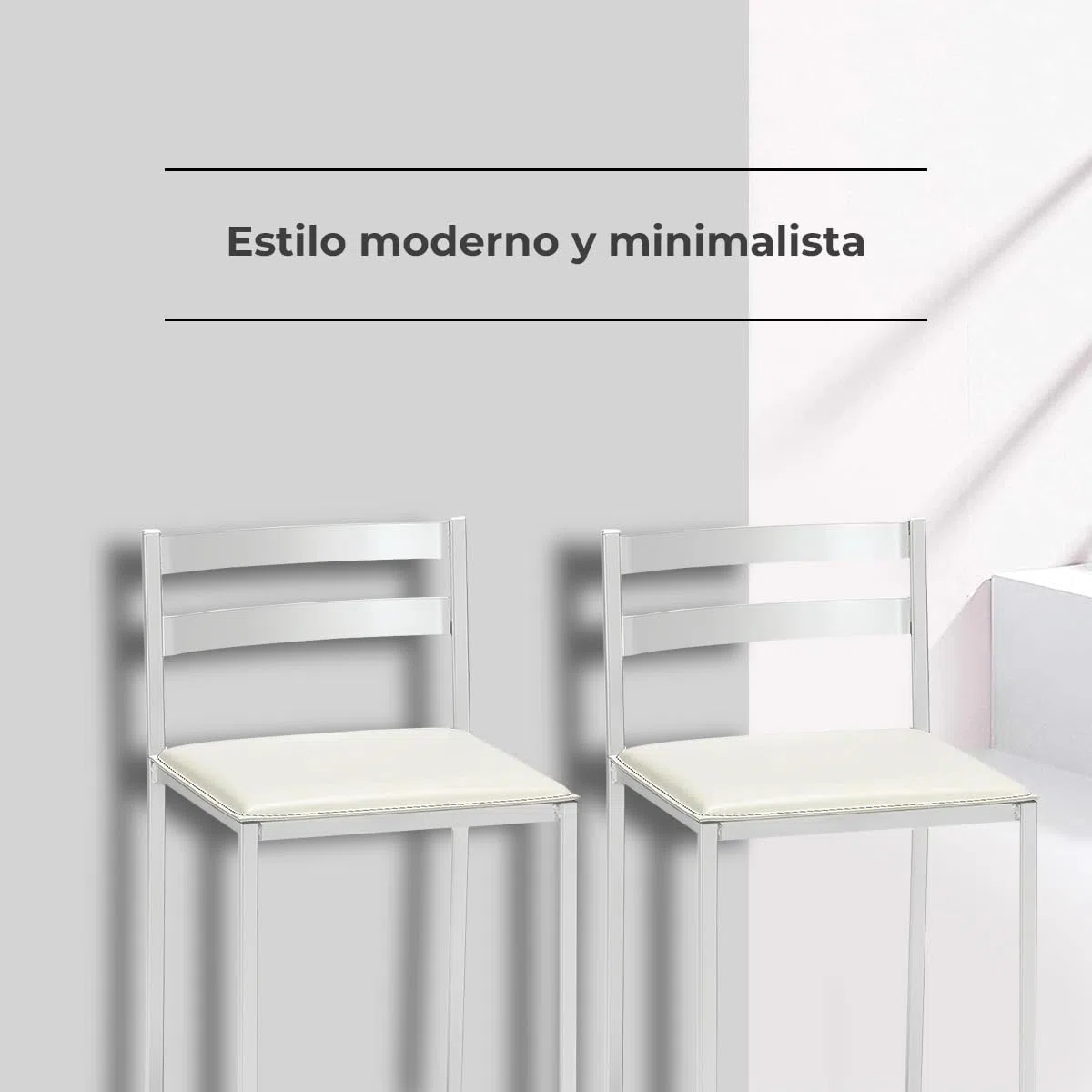 2 Taburetes de Cocina con Respaldo bajo, Franjas horizontales y Asiento tapizado - Estructura Color Blanco - Asiento en Polipiel Blanco