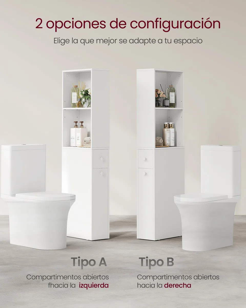 VASAGLE Armario de Baño Alto, Armario de Almacenamiento Delgado, con Cajones y Estante Ajustable, Armario para Espacios Pequeños, Estilo Moderno, Blanco Clásico BBK567T14