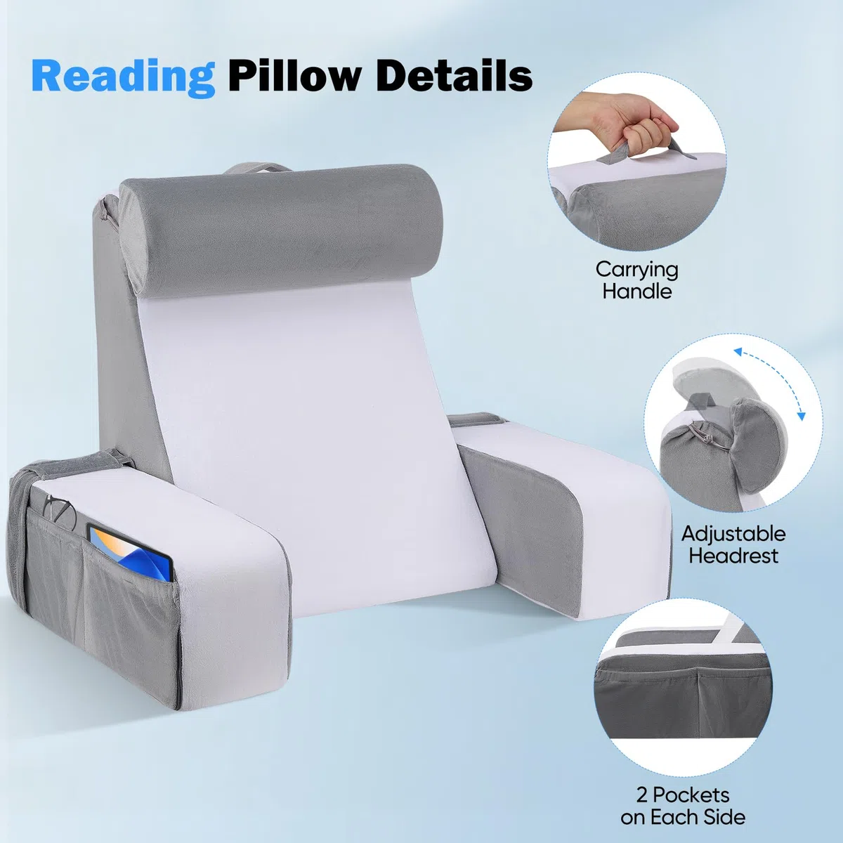 Cojín ergonómico de lectura con reposacabezas y reposabrazos desmontables, soporte lumbar para cama, sofá, suelo, ajustable para leer, trabajar y relajarse