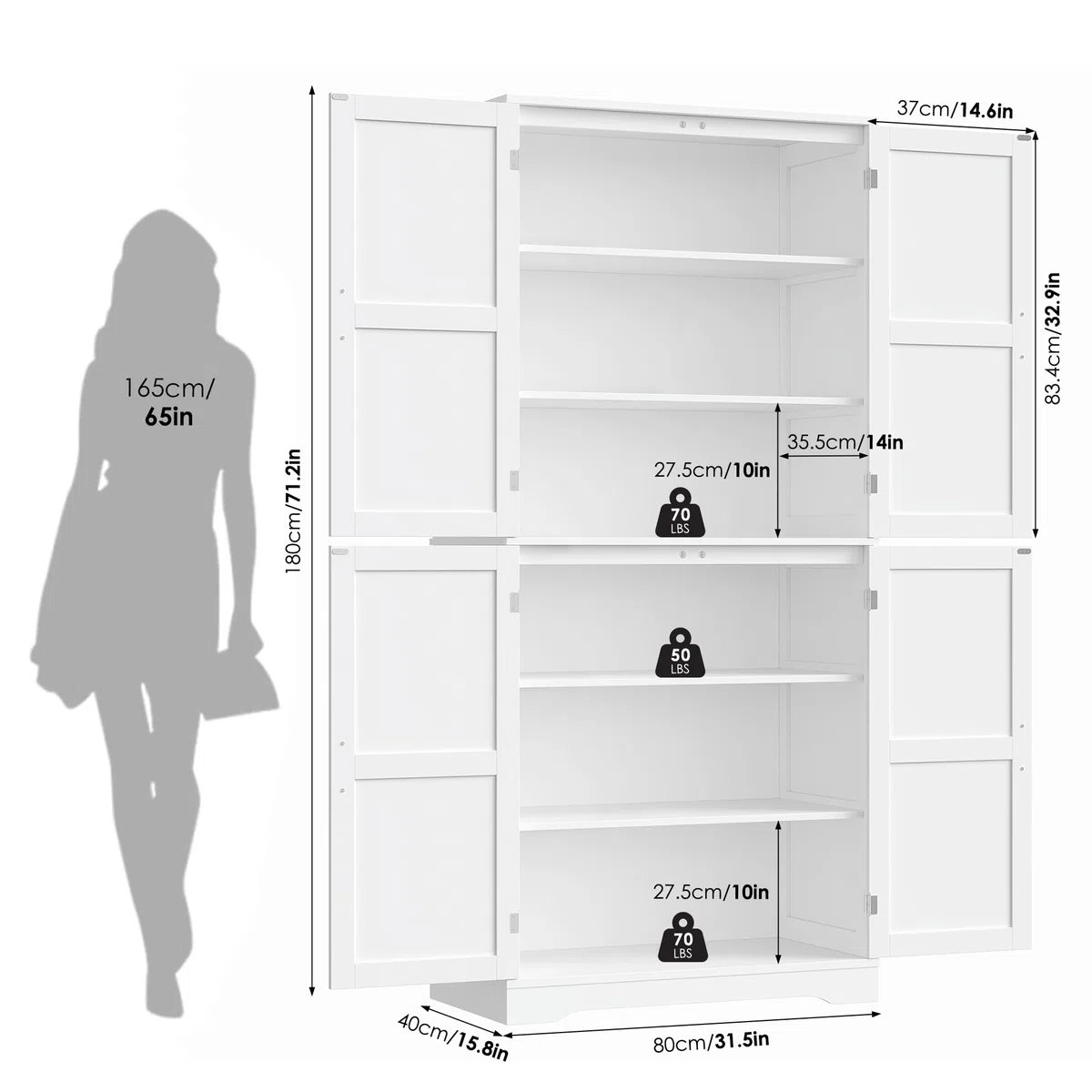HOCSOK Armario de cocina, armario alto de 180 cm, armario buffet con 4 puertas, armario comedor para salón, cocina, 180 × 80 × 40 cm, color blanco