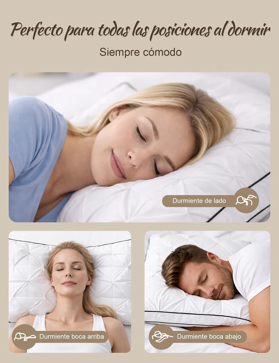 BPC Almohada de plumón 40x80 cm Pack de 2, Almohada 3 Cámaras con 90% Plumón Exterior y Relleno Que Contiene Plumas, Suave con Buen Soporte, Funda 100% algodón orgánico, Lavable
