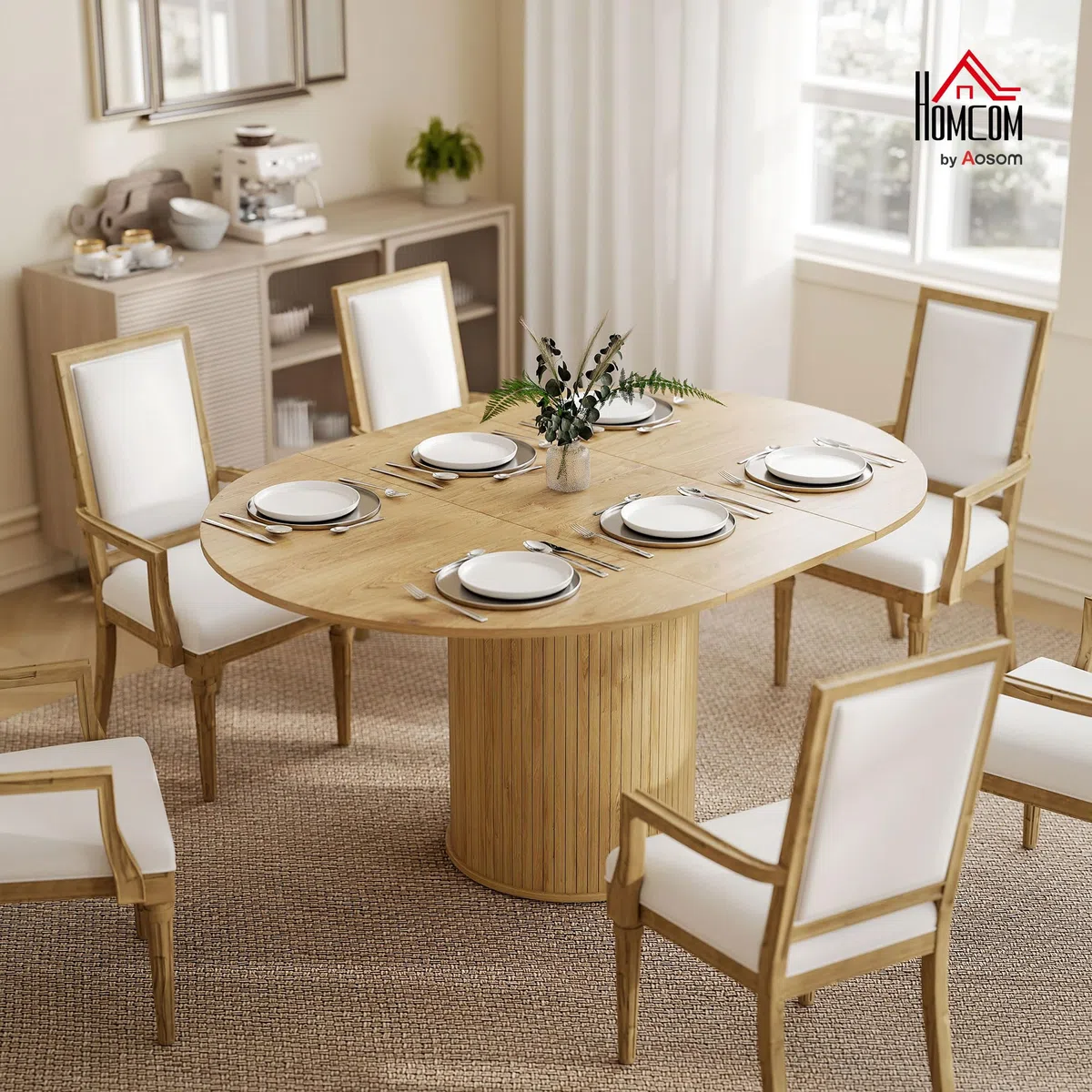 HOMCOM Mesa de Comedor Extensible Redonda, 110-150 cm, Mesa de Cocina Extensible, para 6-8 Personas, con Base Estriada Ancha, para Salón, 110-150x110x75 cm, Madera Natural