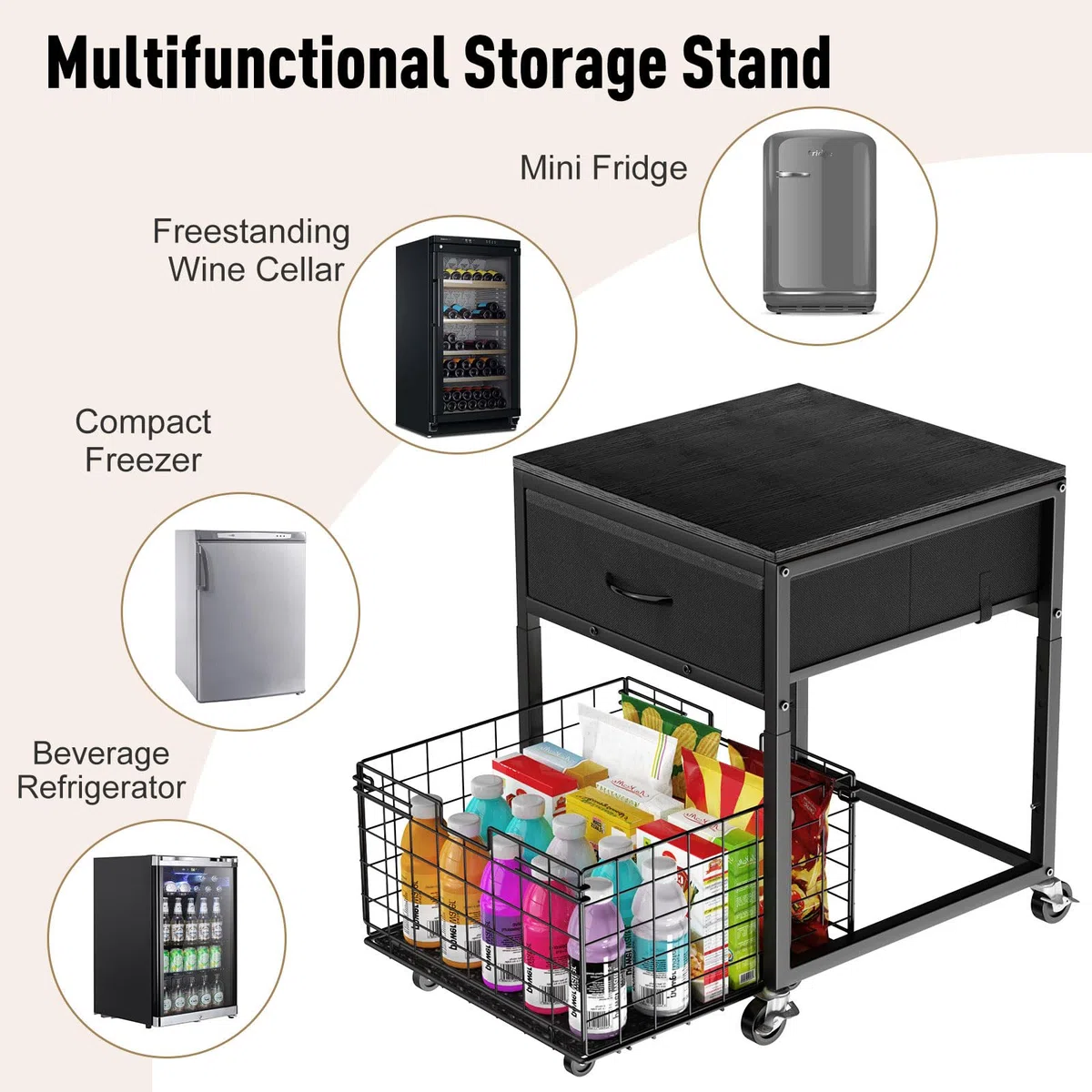 Housolution Soporte para Mini Nevera con Almacenamiento, Estante para Mini Nevera Regulable en Altura con Ruedas, Organizador Portátil para Nevera con Cajón para Hogar, Oficina, Negro