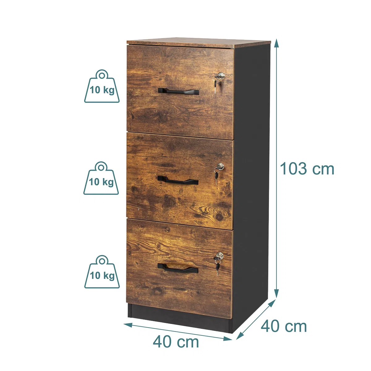 Relaxdays Archivador de 3 Cajones con Llave, HBT 103x40x40cm, Negro/Marrón