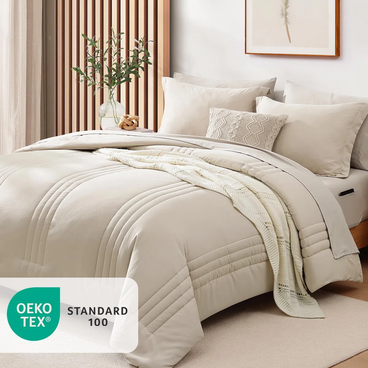 Monbix Juego de edredón tamaño Queen, Juego de Ropa de Cama Queen de 7 Piezas, edredones para Todas Las Estaciones, Juego de Cama Esponjoso, Cama cálida en una Bolsa, tamaño Queen con sábanas (Beige