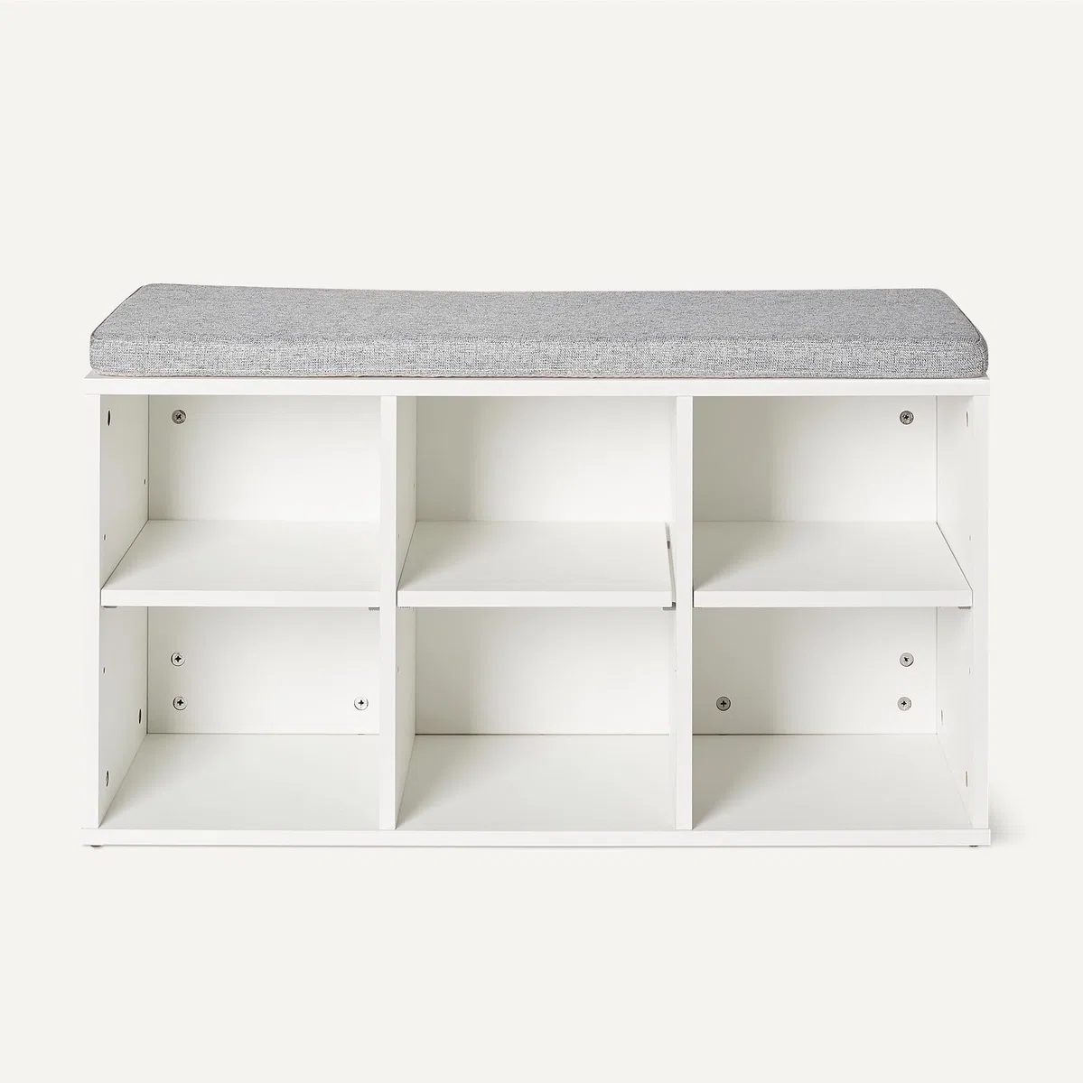 Amazon Basics Banco para Guardar Zapatos con Cojín, Zapatero con 6 Compartimentos, Estantes Ajustables, para la Entrada, 87 x 30 x 48cm, Blanco