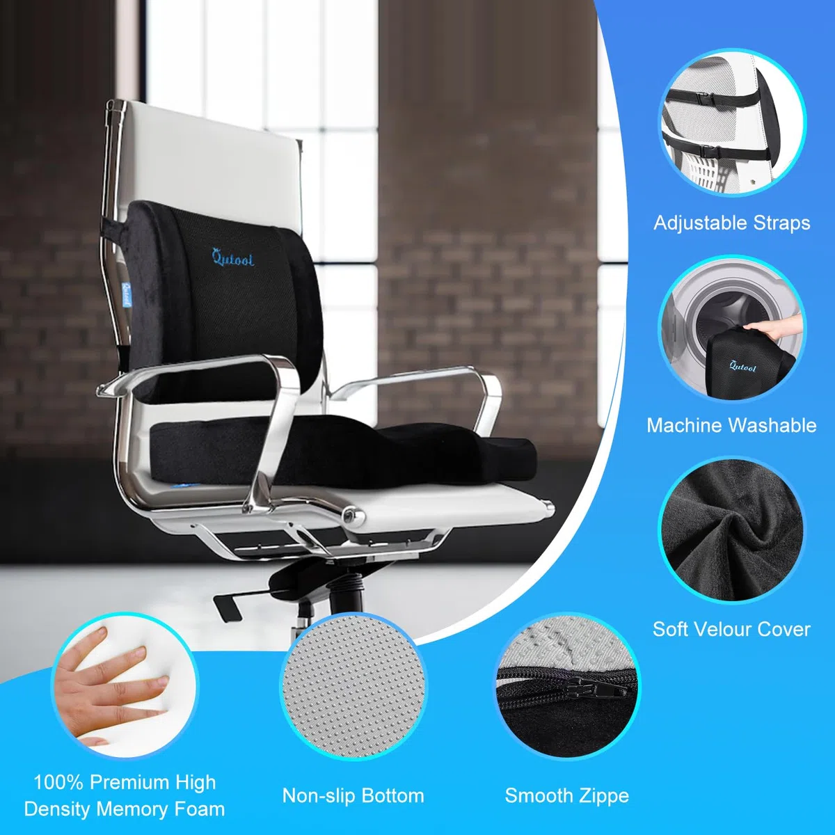 Qutool Cojín para Asiento de coxis y Almohada de Apoyo Lumbar para Silla de Oficina, Coche, Silla de Ruedas (Negro)