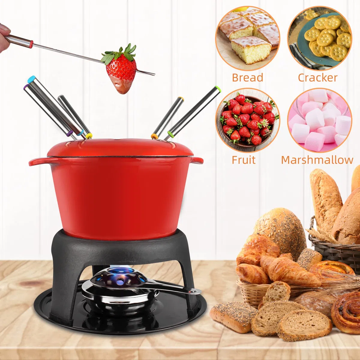 Todeco - Juego de Fondue de Hierro Fundido, Maquina para Hacer Fondue - Material: Hierro fundido - Tamaño: 27,5 x 21 x 21 cm - Rojo
