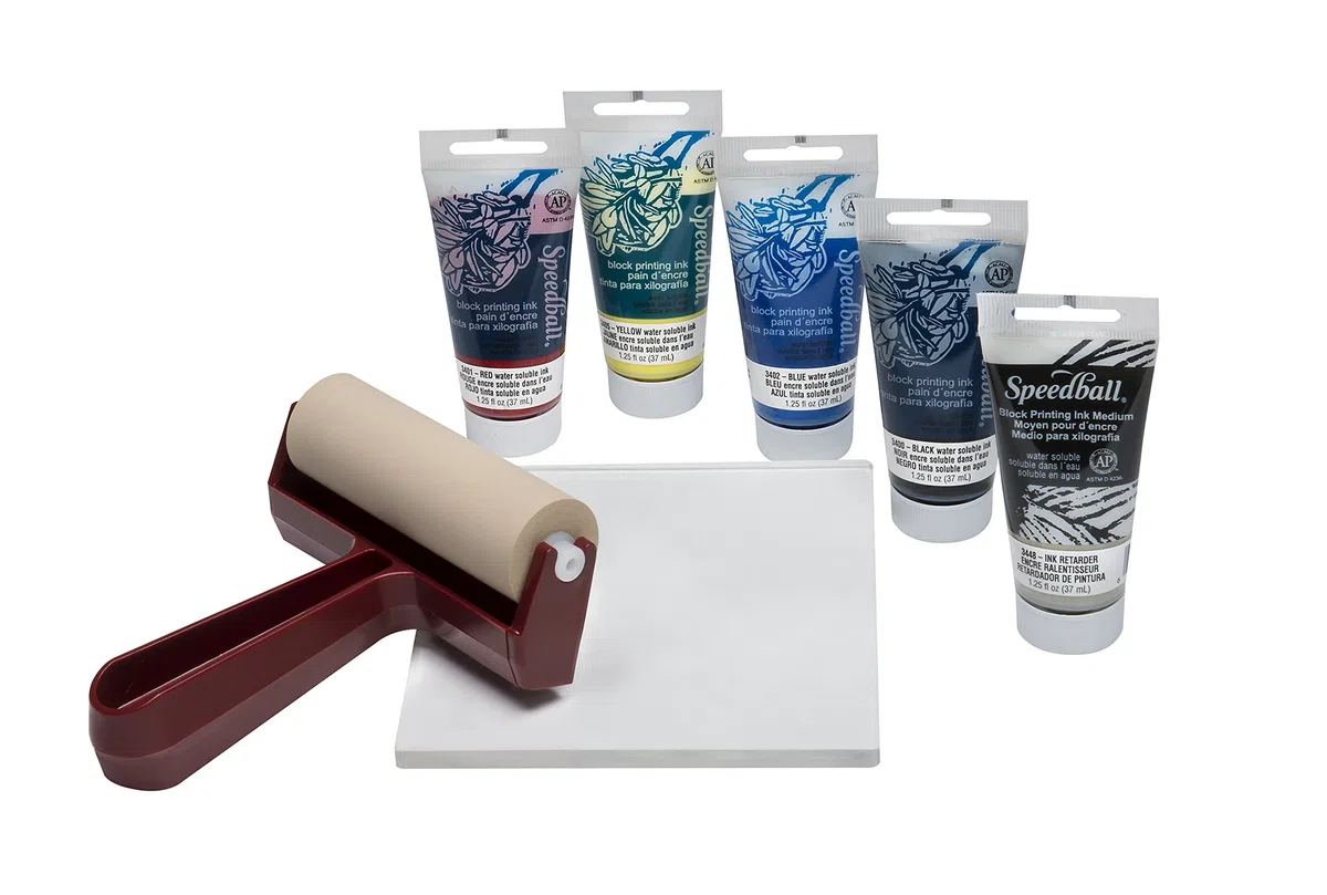Speedball Kit de iniciación de monoimpresión, Placas de impresión de Gel, Tinta de impresión de Bloque Soluble en Agua, cursor de Goma Suave, retardador de Tinta de impresión en Bloque, Regalo de
