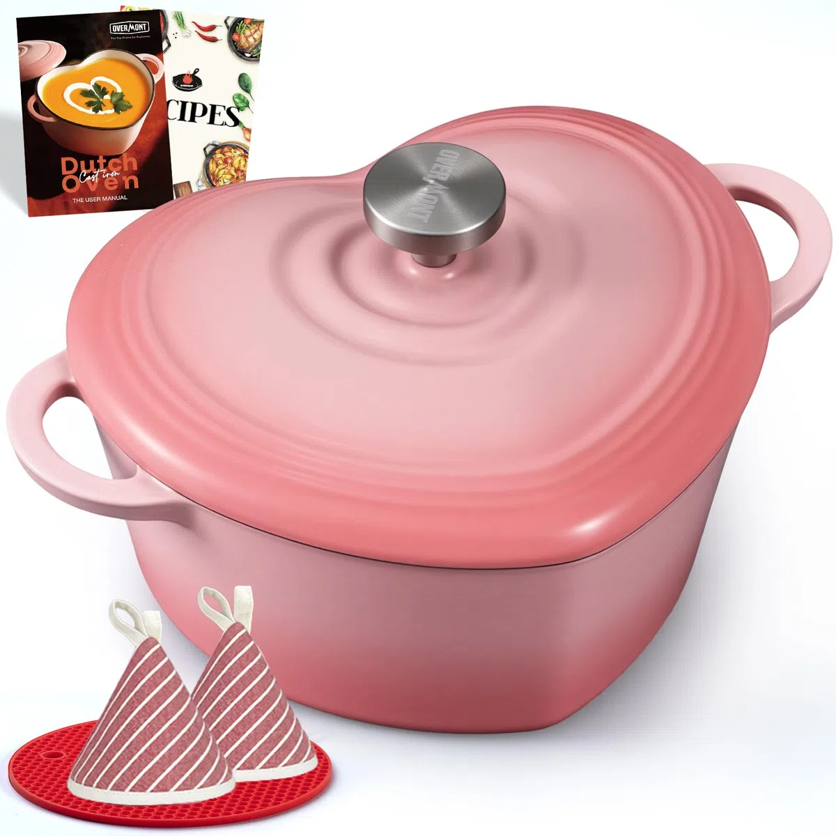 Overmont Olla Holandesa de Hierro Fundido Esmaltado Forma de corazón - 1.89L Cacerola con Tapa - Apta para Cocina y Horno, Hornear Estofar Asar - Regalo para Bodas y Festividades - Rosa