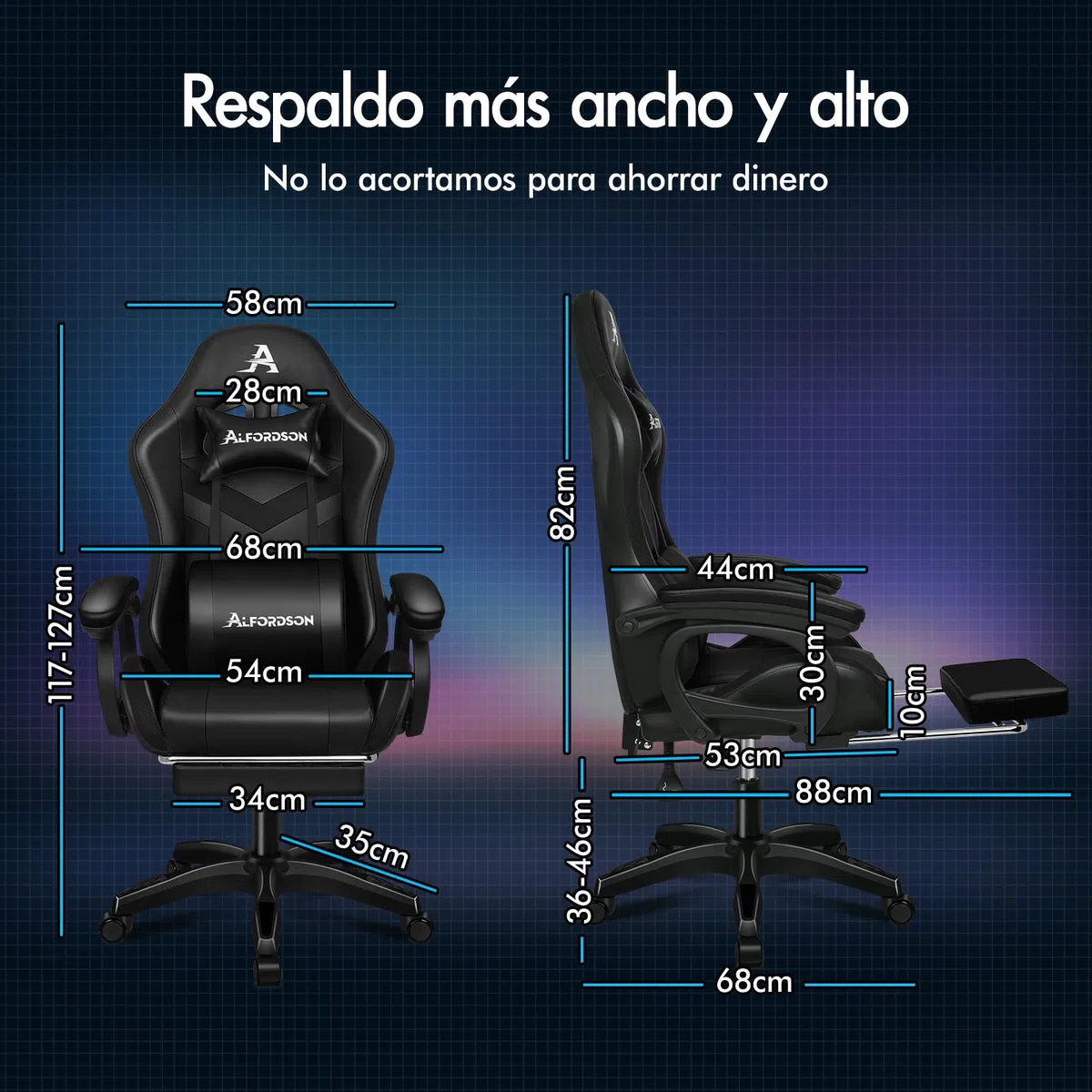 ALFORDSON Silla Gaming con Masaje y LED, Silla Gamer Ergonómica con Cojín Lumbar y Cervical, Reposapiés Telescópico, Iluminación para Juegos, Oficina, Ordenador, Videojuego, Cuero PU(Negra)
