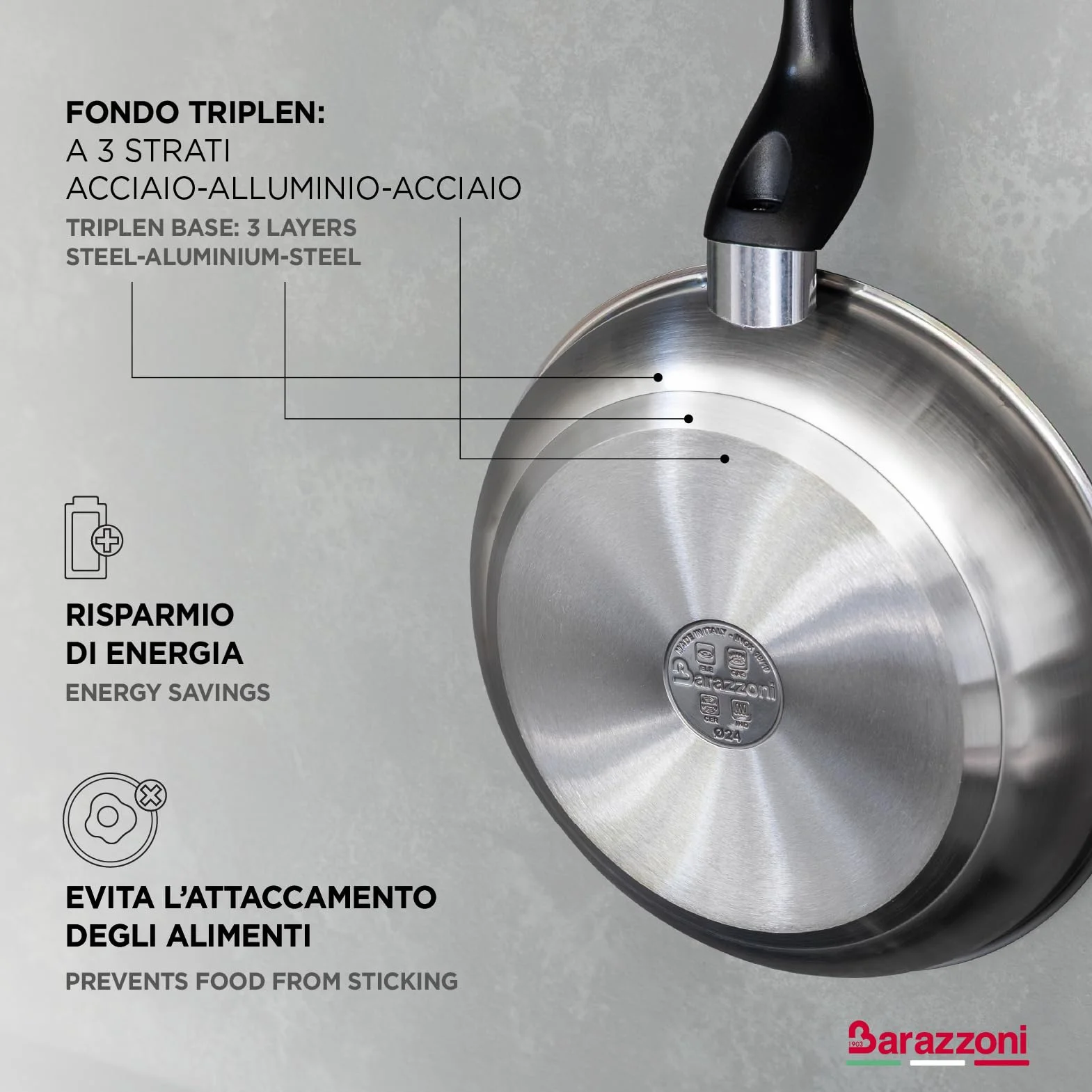 Barazzoni I Inoxidabili Wok, Acero, Plata, 28 cm