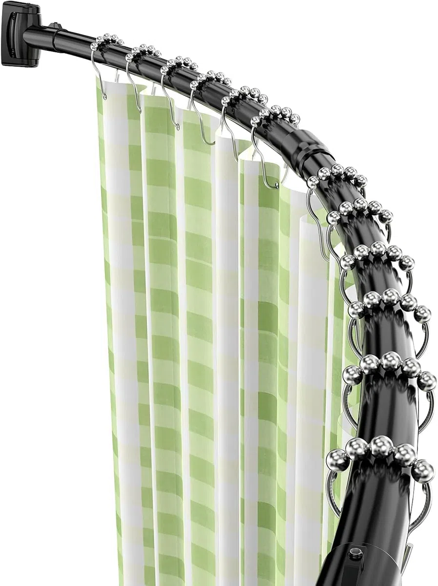 Barra Cortina Ducha Curvada 140-200cm, Acero Inoxidable 304 Extensible, Soporte 25kg, Barra de Ducha con Base Ajustable 180° para Baño, Vestidor y Bañera, Incluye 18 Ganchos, Negro