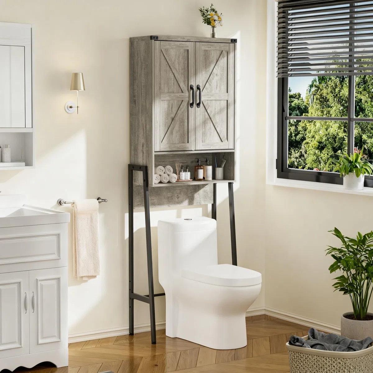 BonVache Estantería para inodoro con puertas, estantería de baño con 6 estantes, estantes para lavadoras pequeñas, armario para baño, 171 x 59,6 x 25,3 cm, gris