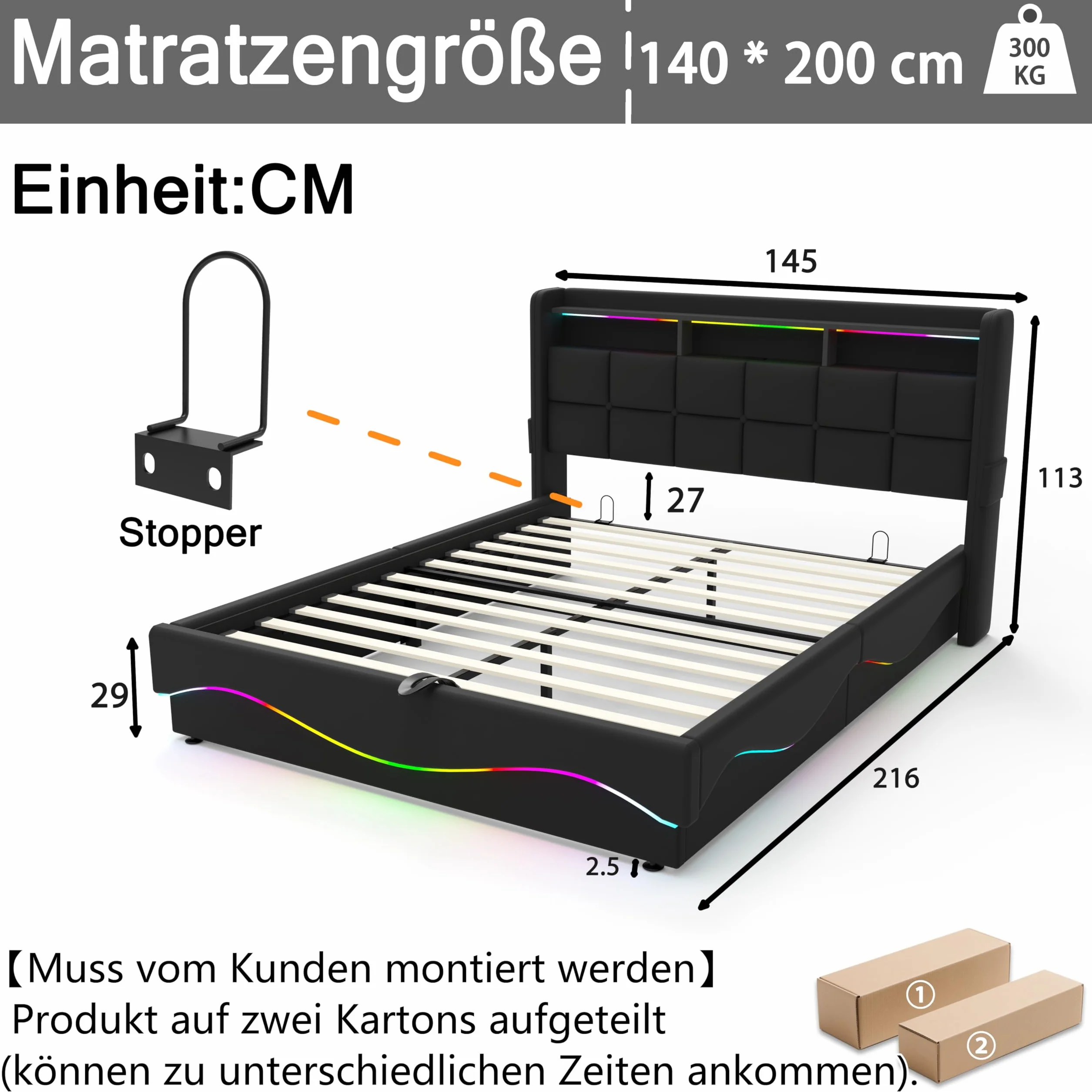 Cama de Almacenamiento Todo en Uno 140x200 cm con Luces LED, Estación de Carga USB/Type-C, Estantería para Cabecera y Gran Almacenamiento bajo la Cama, Cuero, Negro