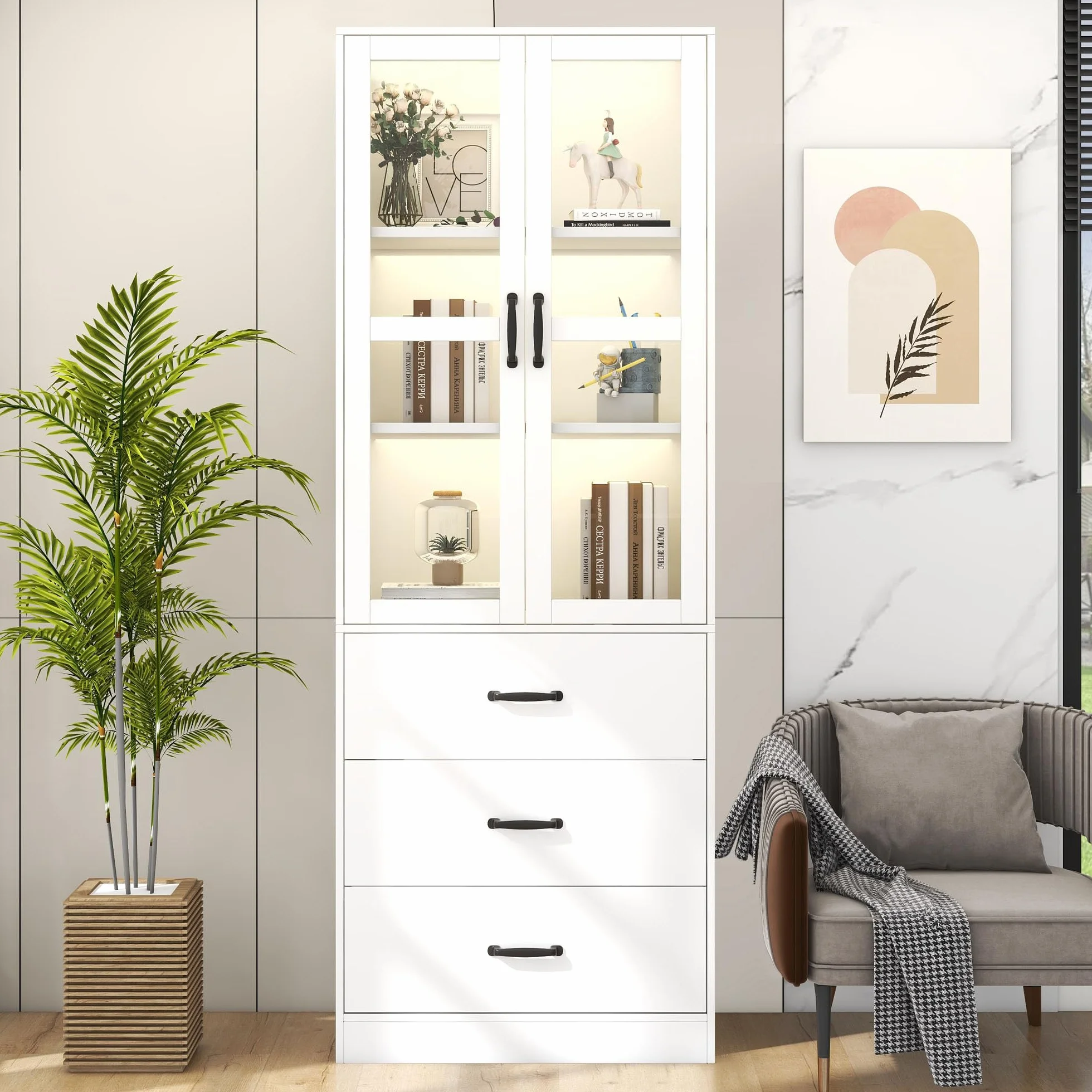Vitrina blanca 200 cm, 3 cajones, 2 divisores móviles, 2 puertas de cristal, iluminación LED - adición elegante