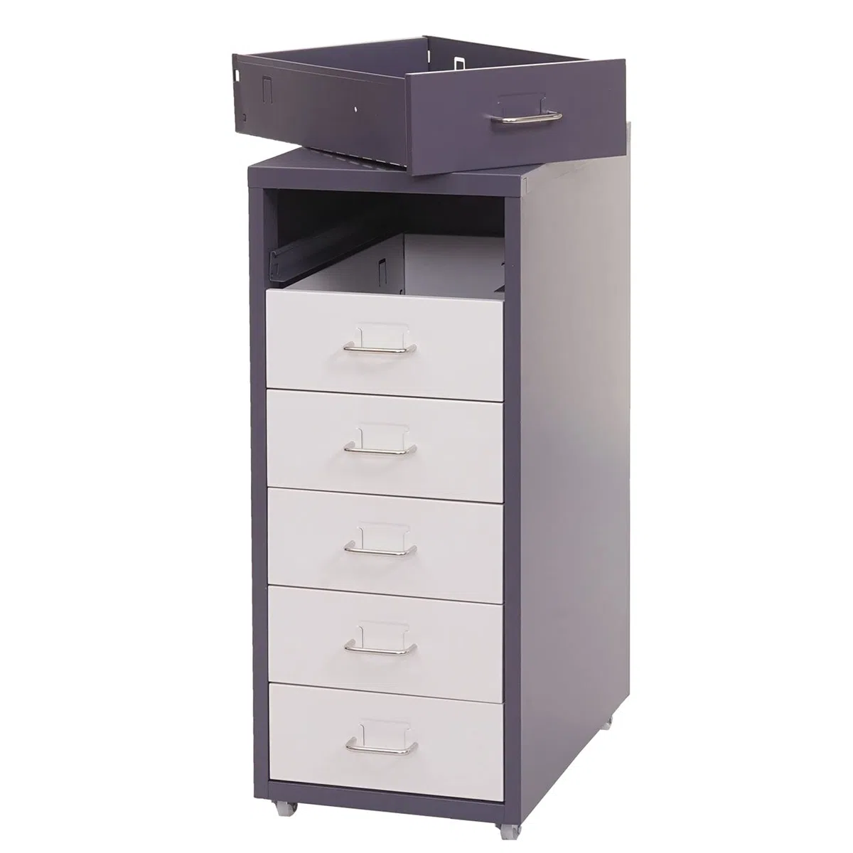 Mendler Cajonera con ruedas Boston T851, armario de acero, 69 x 28 x 41 cm, 6 cajones, gris oscuro, blanco y gris oscuro