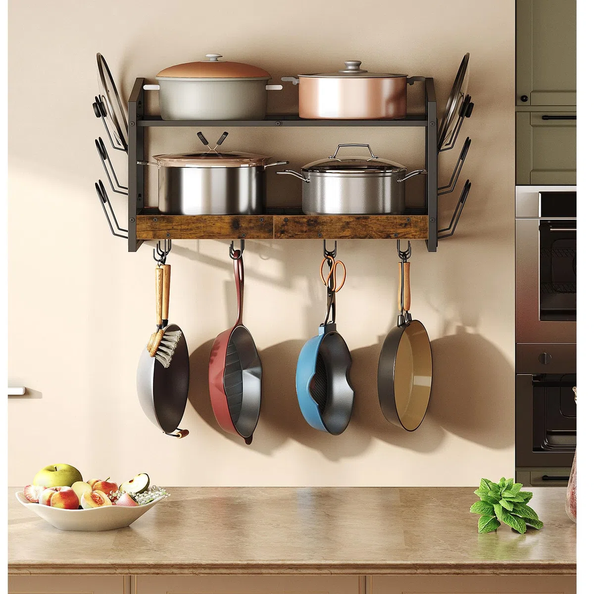 CHOEZON Soporte de Pared para Ollas, Estante de Cocina de 2 Niveles para Ollas y Tapas, Soporte para Sartenes, Vajilla y Utensilios de Cocina con 12 Ganchos, Marrón Vintage y Negro DTPR02BF