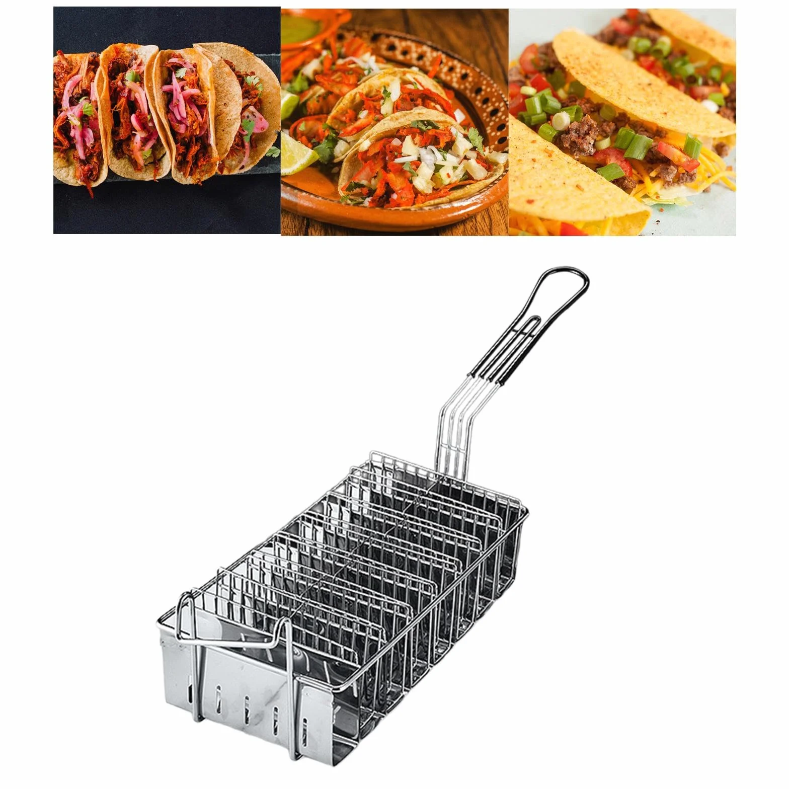 Taco Freidora Cesta Y Tortillas Canasta de con Mango Ergonómico de Acero Inoxidable Adecuada para Cocina Cafetería Bar Hogar, 8 Rejillas