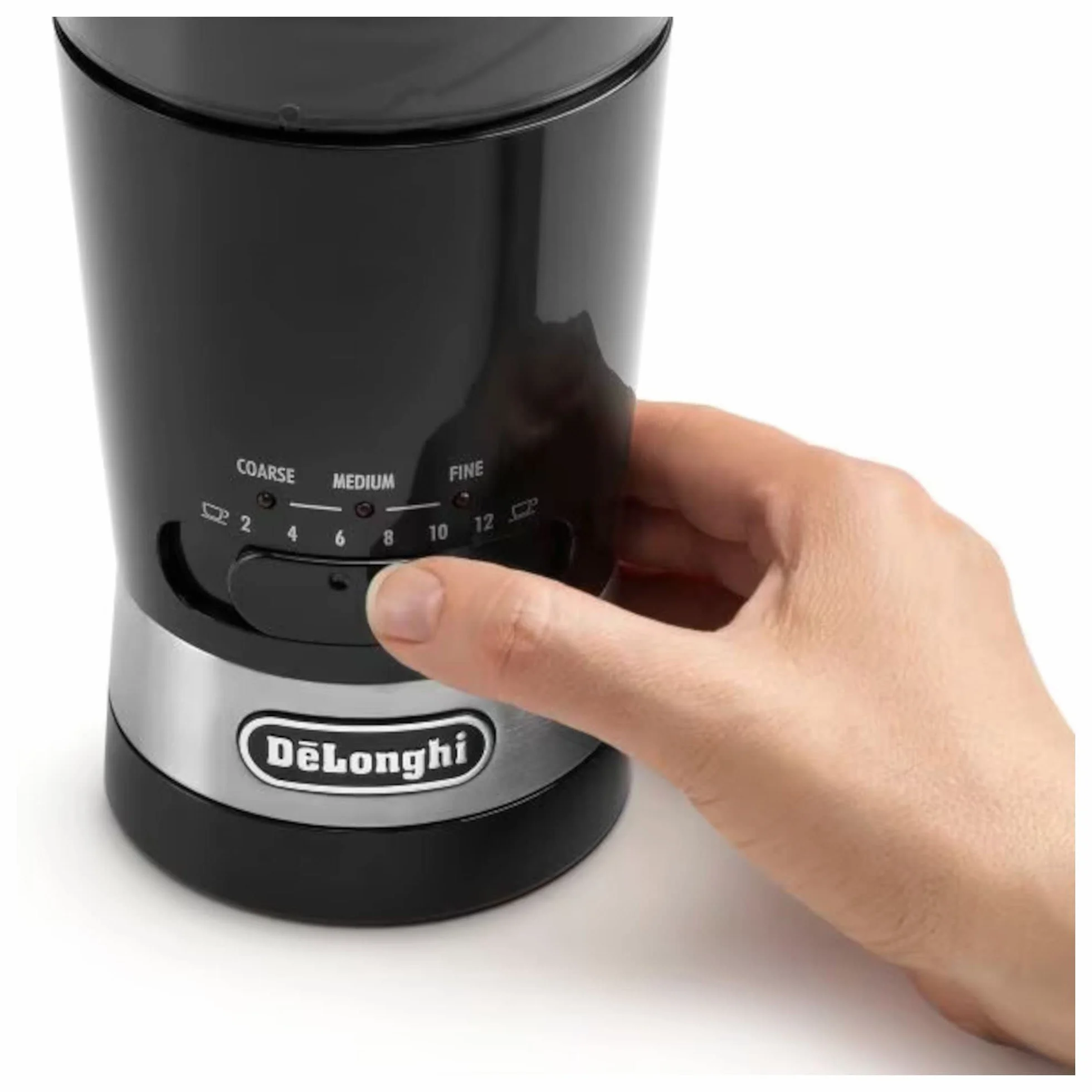 De'Longhi KG210 Molinillo de Café, Capacidad 90 Gramos, Cuchillas de Acero Inóxidable, Capacidad de Tazas Ajustable, Nivel de Molienda Ajustable, Uso Sencillo, 170 W, Color Negro