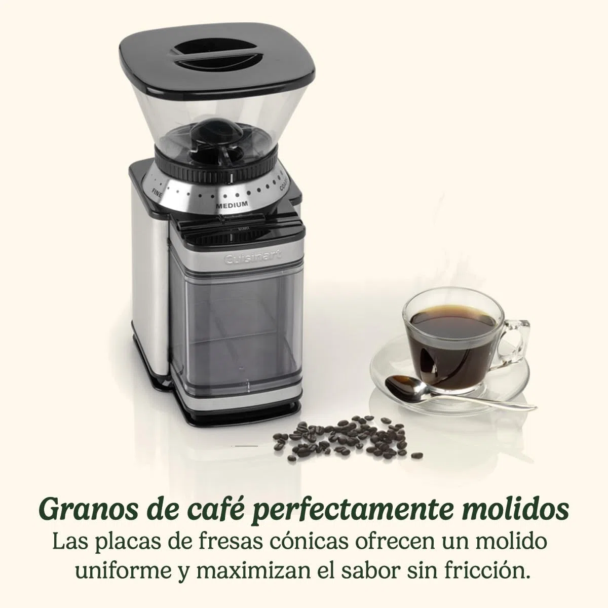 Cuisinart Molinillo de café, uso doméstico, 4-18 tazas, 8 posiciones de molido, Diferentes intensidades de infusión - espresso, cold brew, latte, cappuccino, Fresa Acero Inoxidable